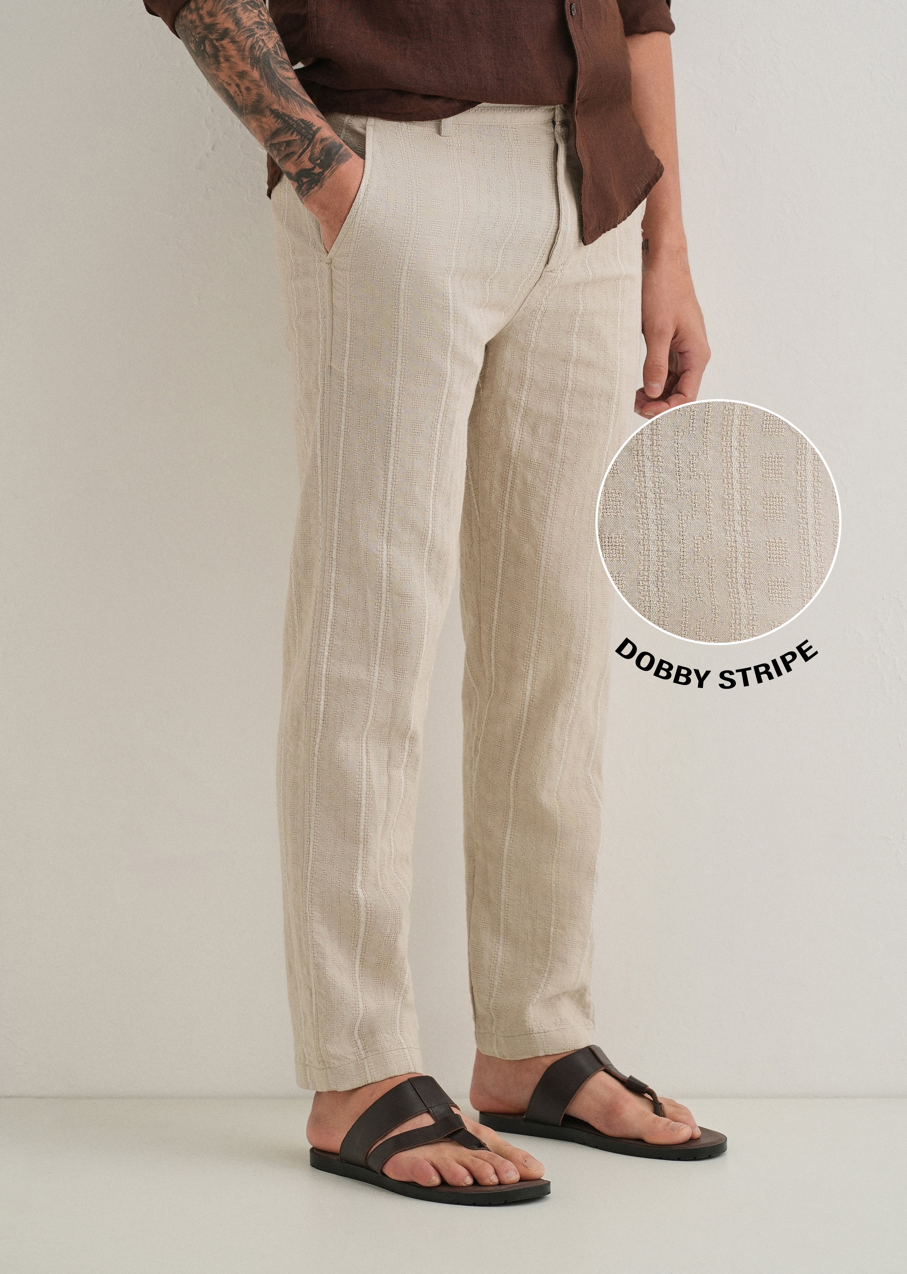 Beige Dobby Cotton Stripe Pants