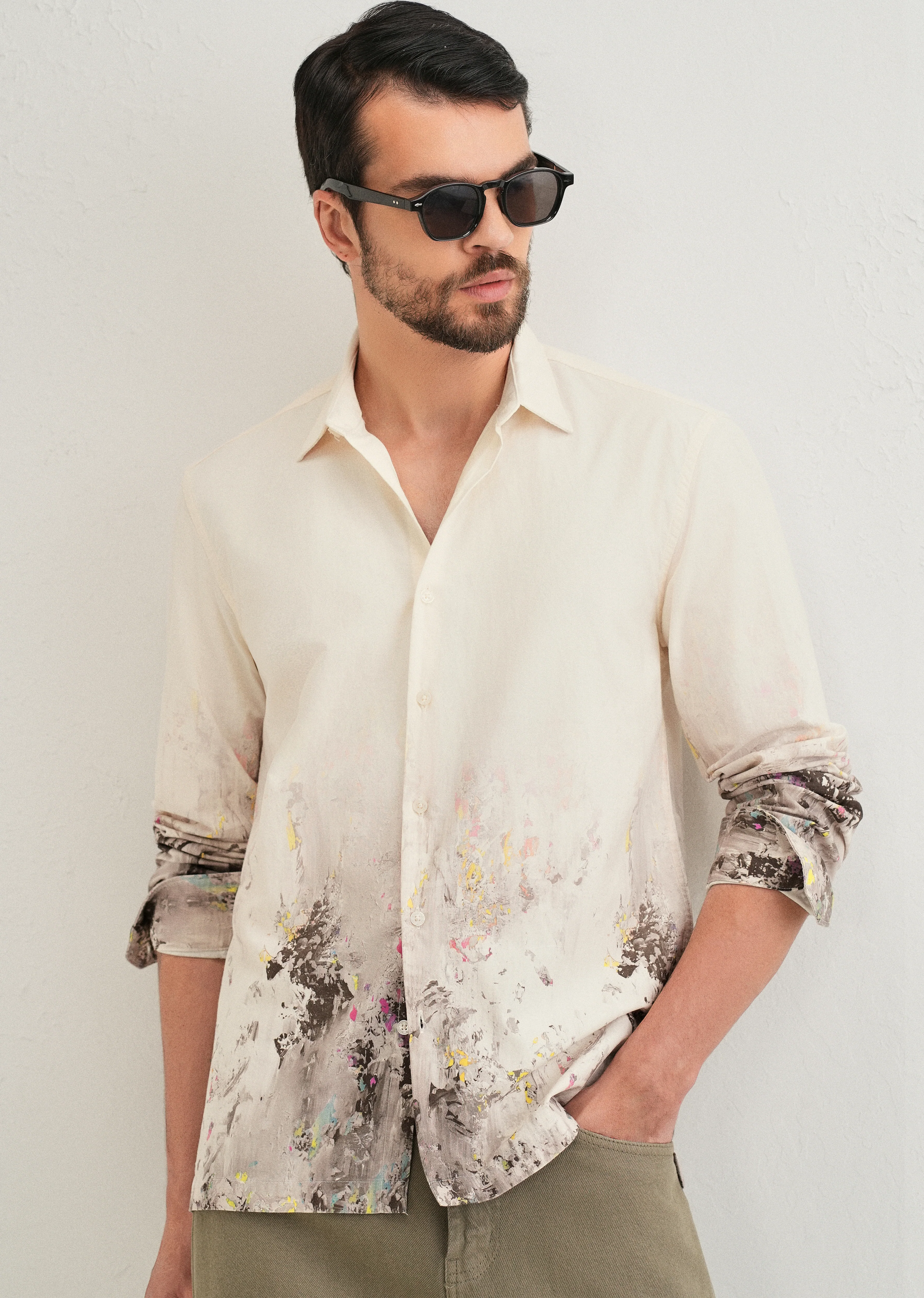 Beige Grey Splatter Printed Shirt