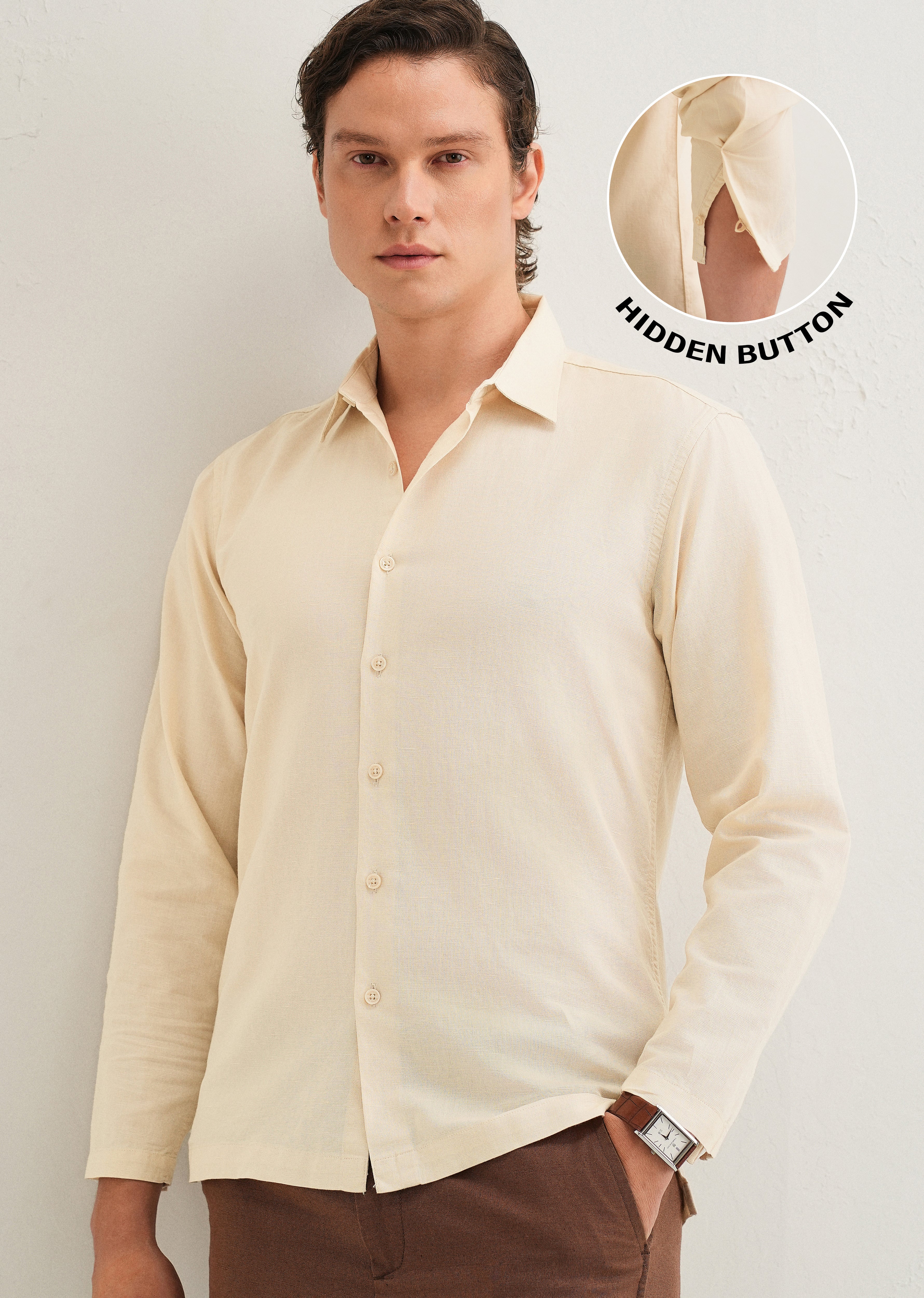 Beige Hidden Sleeve Placket Cotton Linen Shirt
