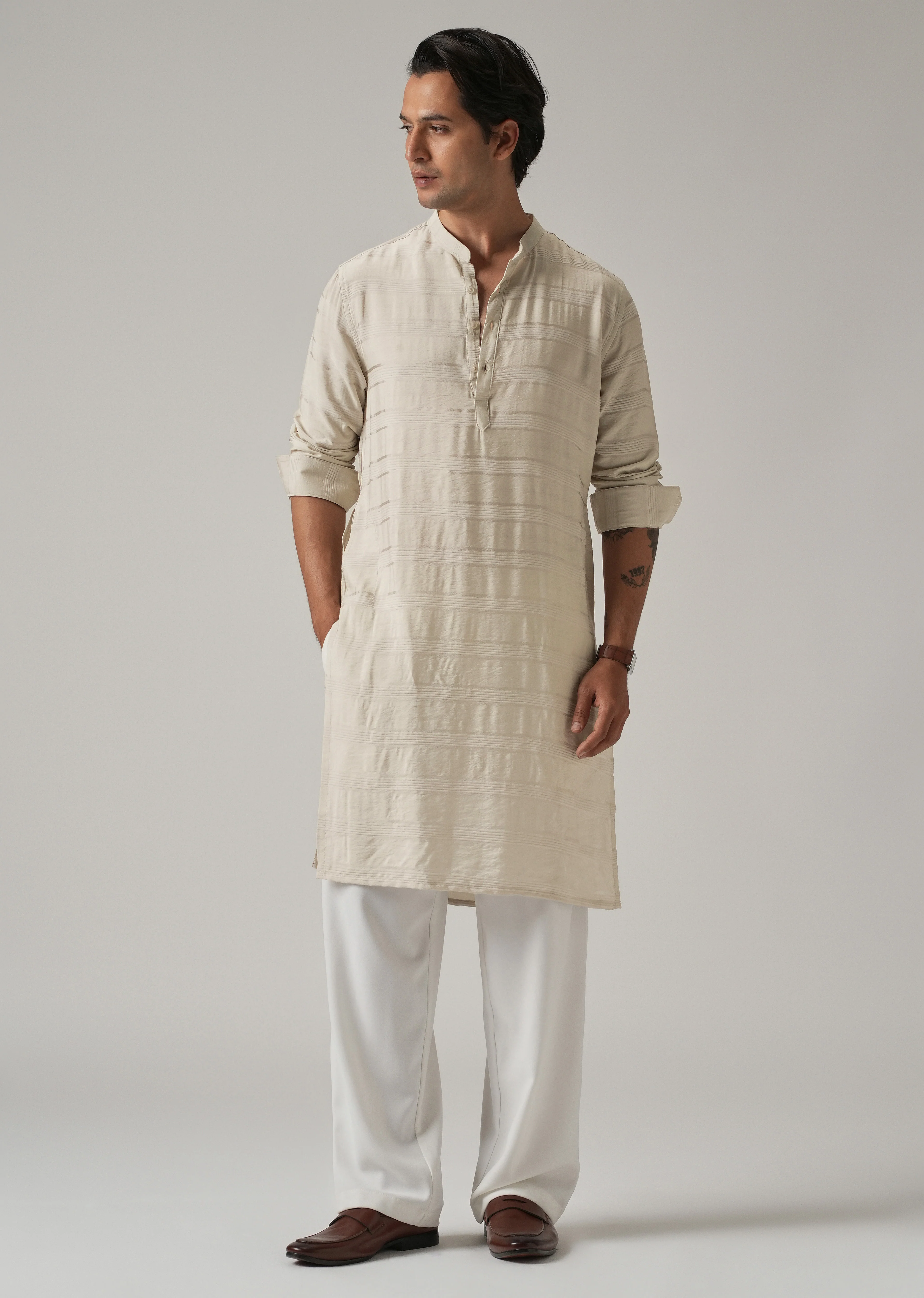 Beige Nylon Subtle Stripe Kurta