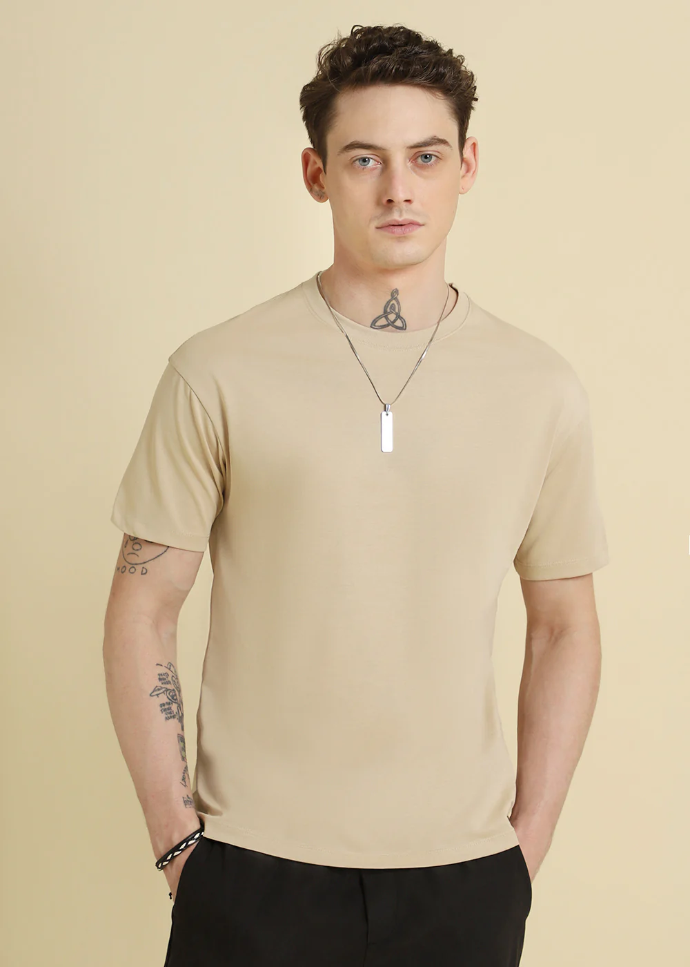 Beige Plain Basic Regular Fit T-shirt