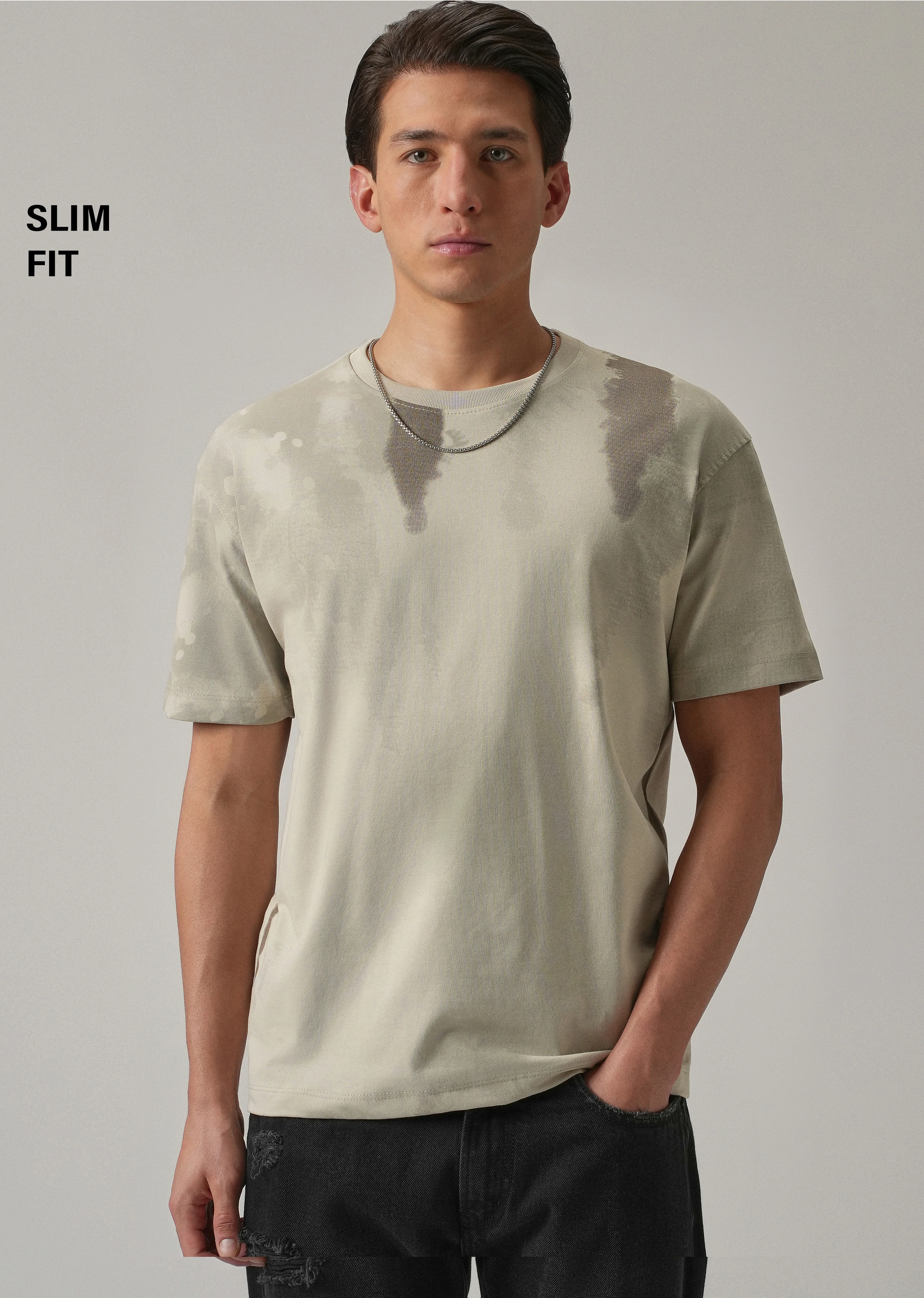 Beige Printed Slim Fit T-Shirt - Image 7