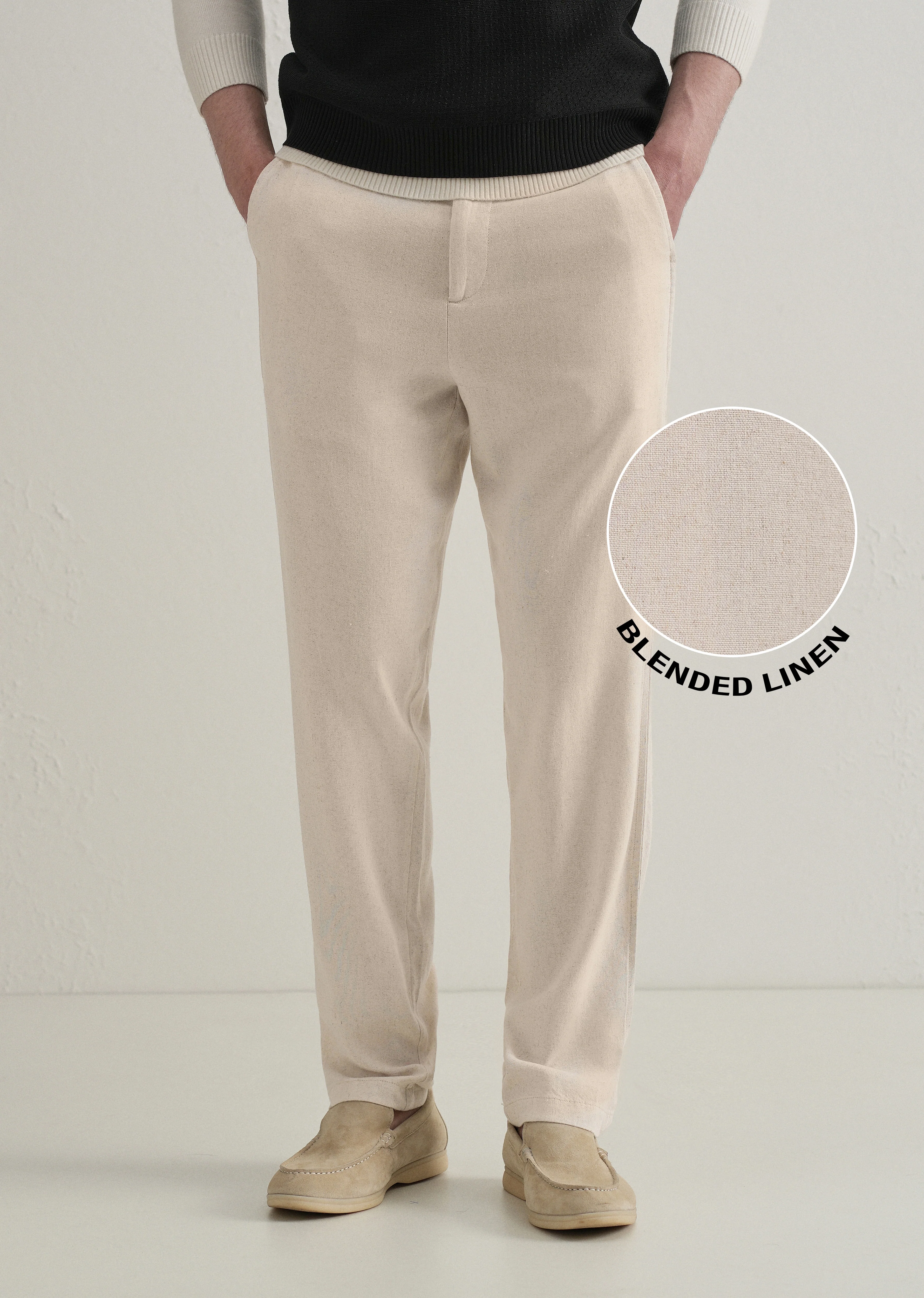 Beige Relaxed Fit Blended Linen Trouser