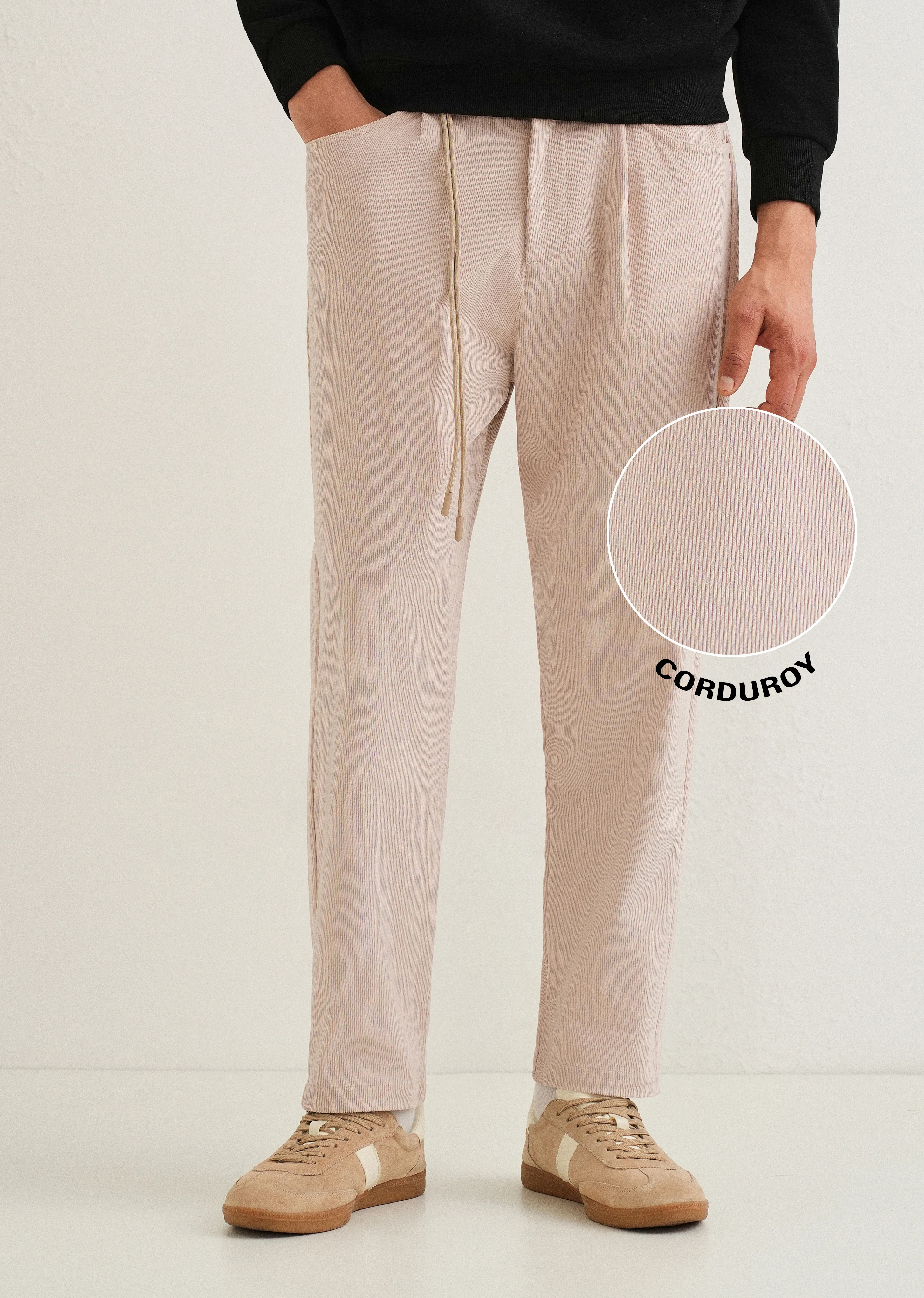 Beige Textured Corduroy Drawstring Pant