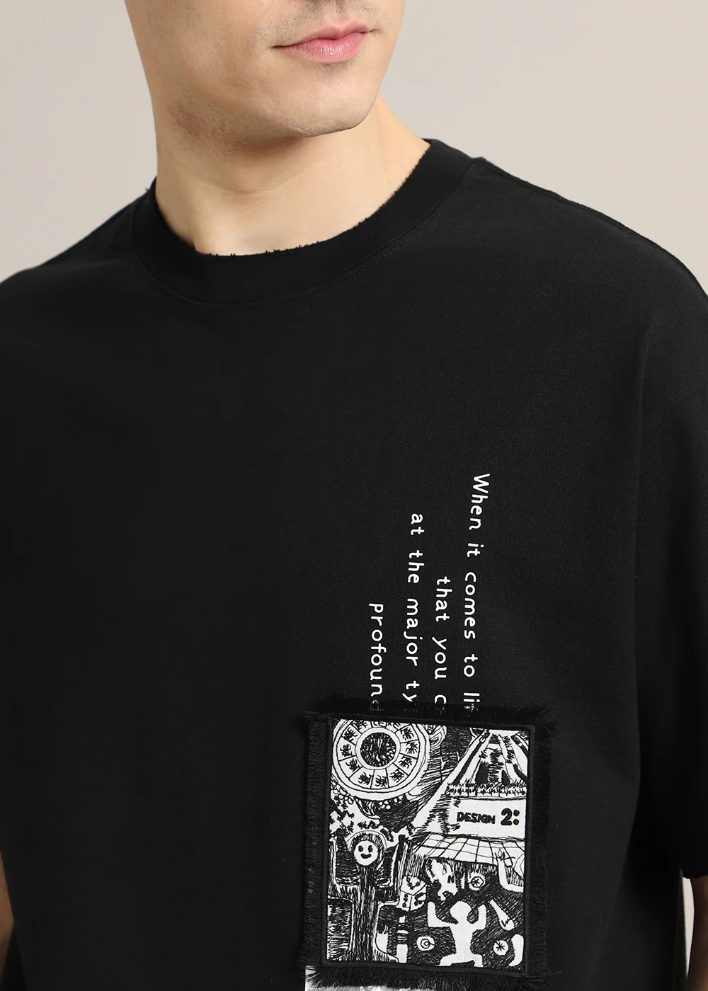 Black Applique Printed Oversized T-shirt - Image 2