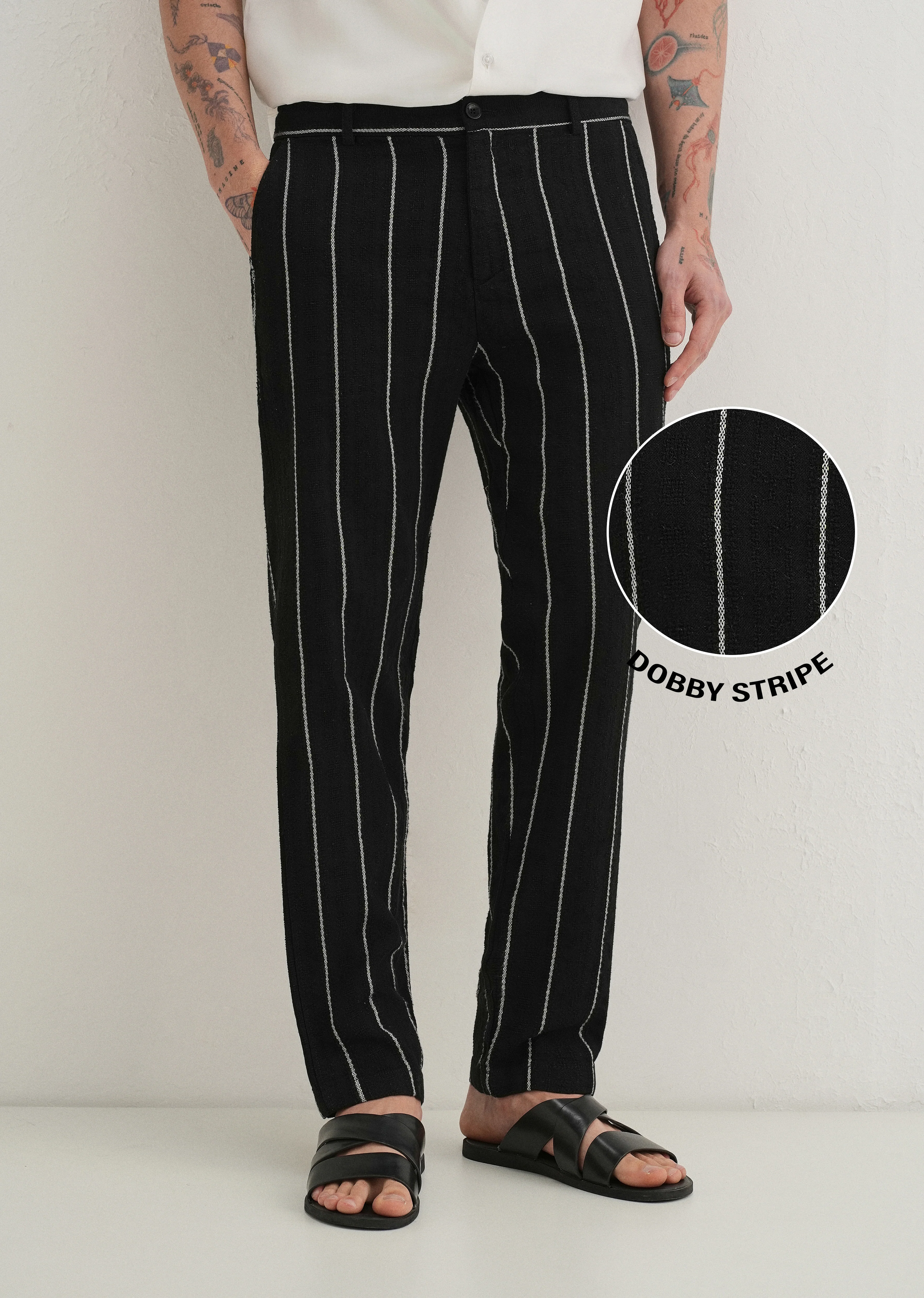 Black Dobby Cotton Stripe Pants