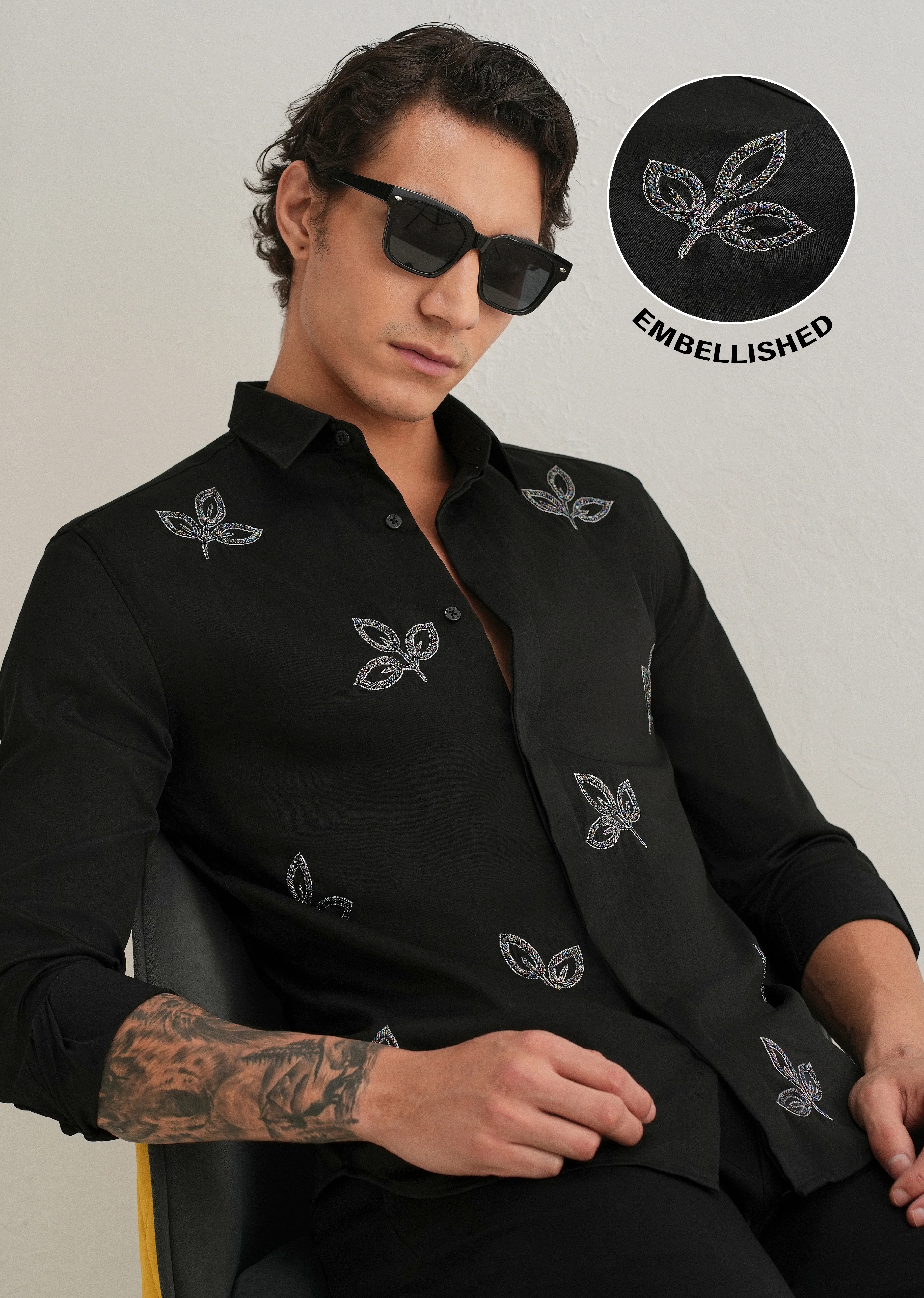 Black Handcrafted Leaf Designer Shirt