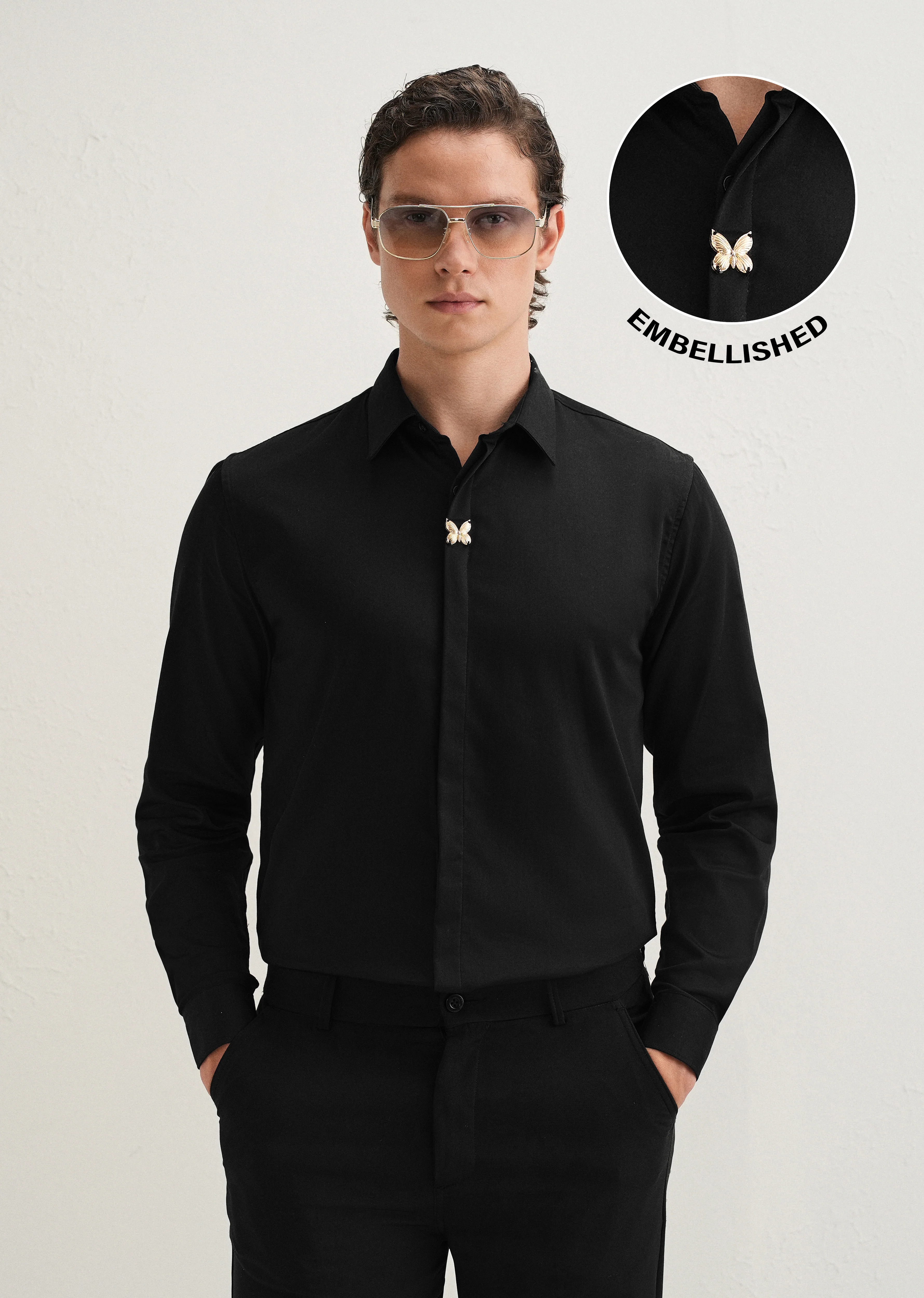 Black Metallic Butterfly Designer Shirt