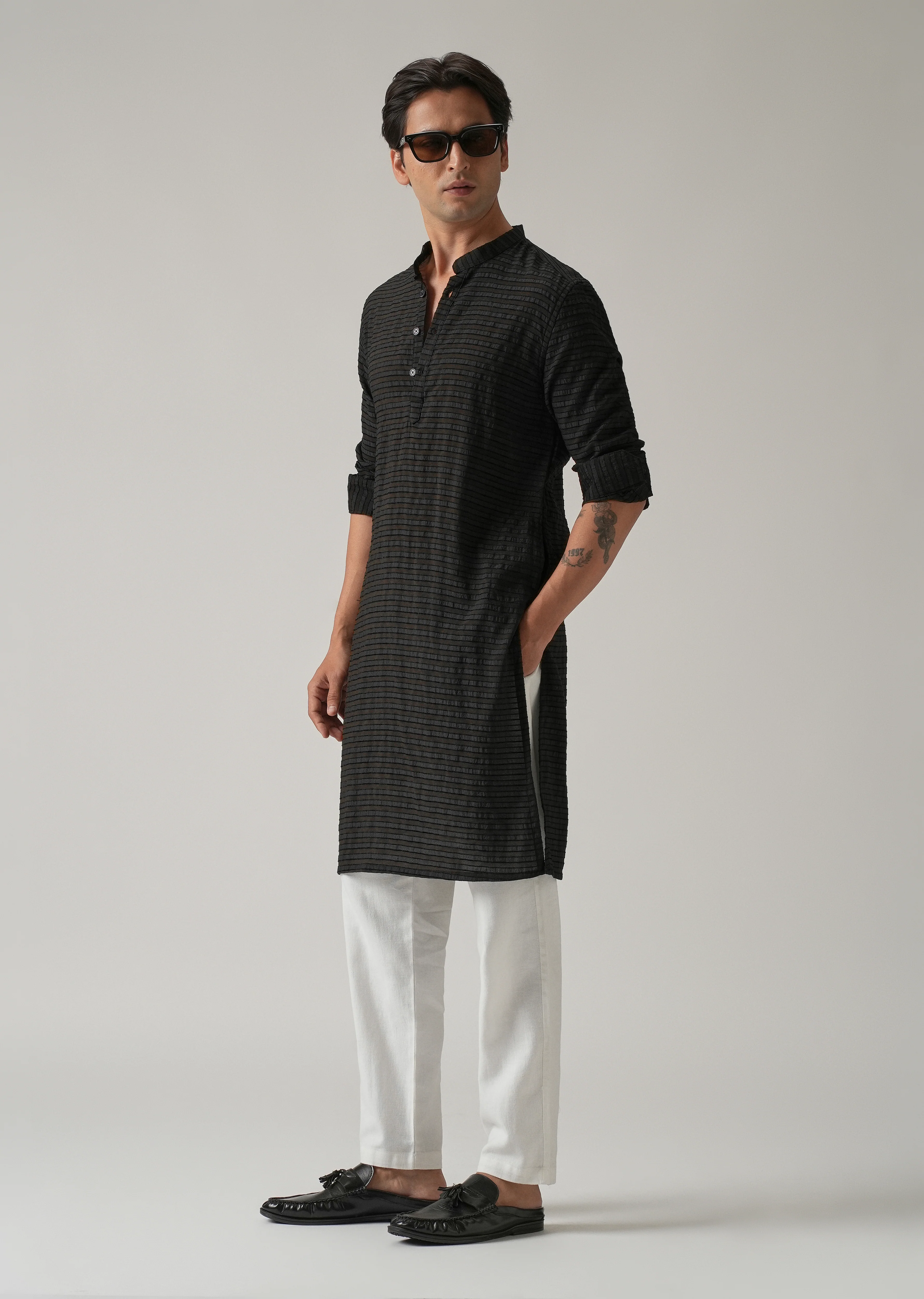 Black Nylon Pin Stripe Kurta