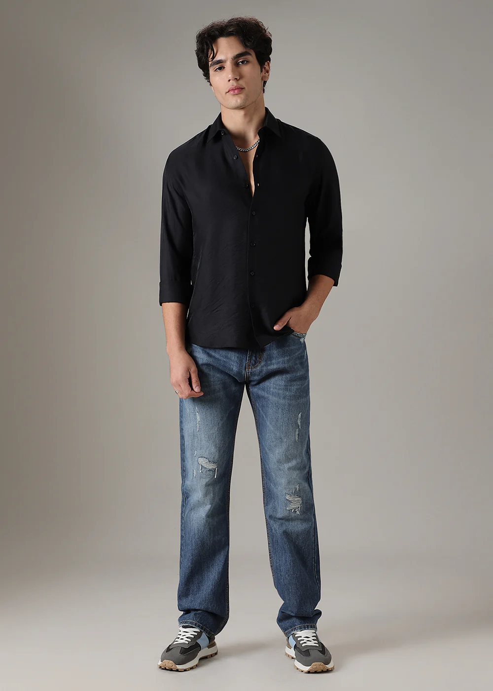 Black Plain Crushed Satin Shirt - Image 6