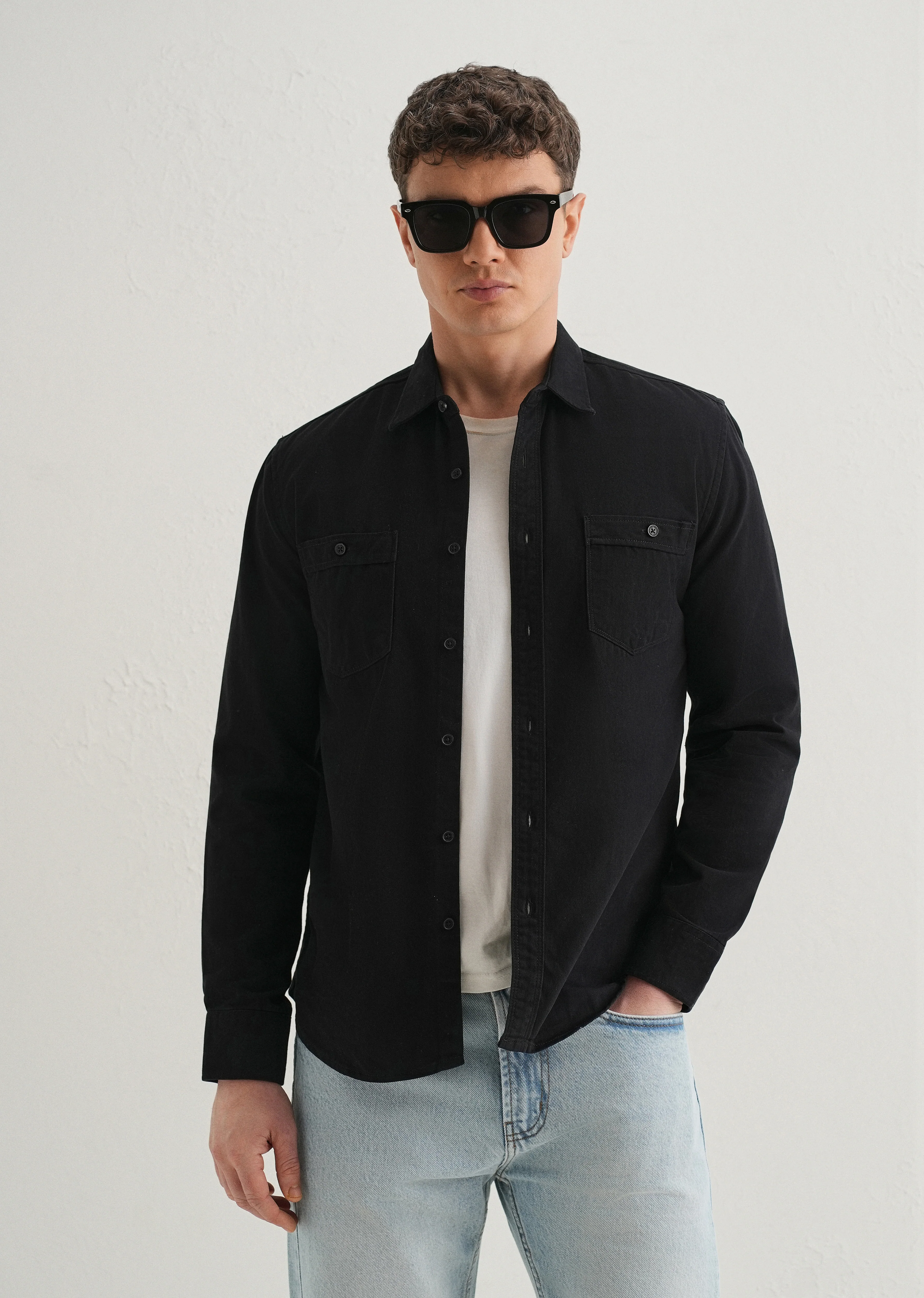 Black Plain Double Pocket Shirt