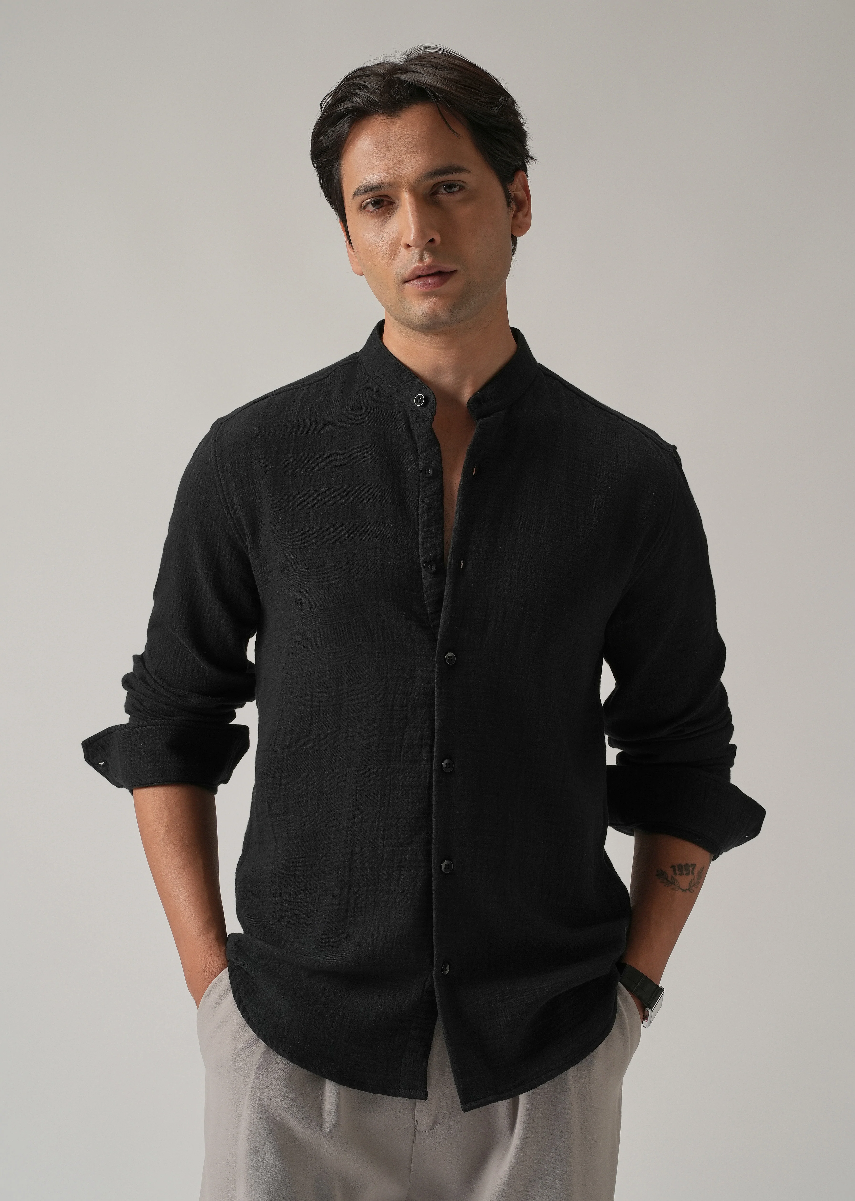 Black Plain Mandarin Collar Cotton Shirt