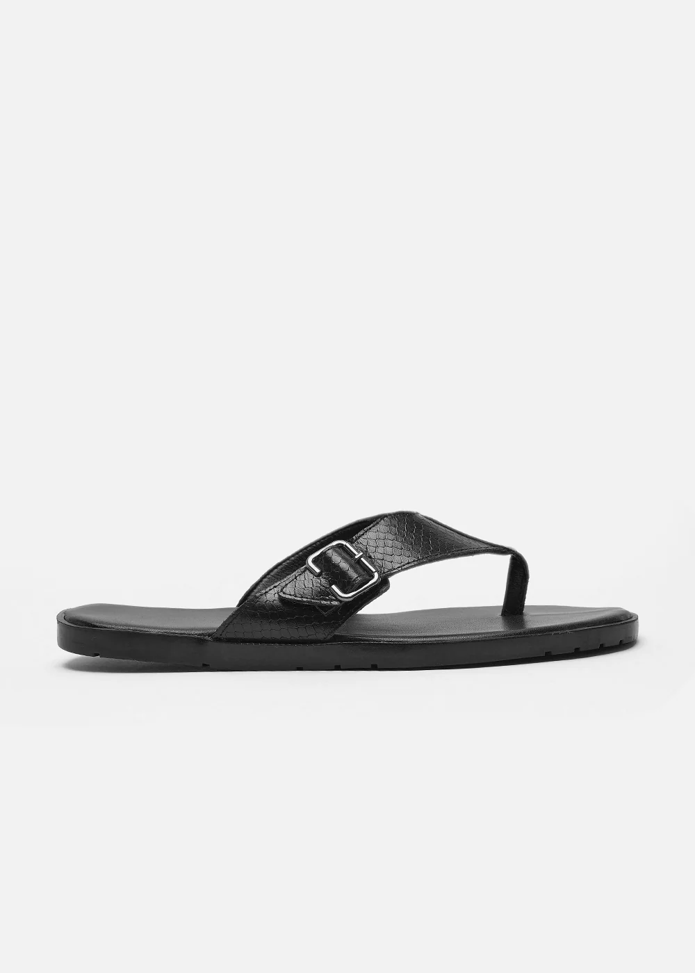 Black Textured Buckle Strap Sandals