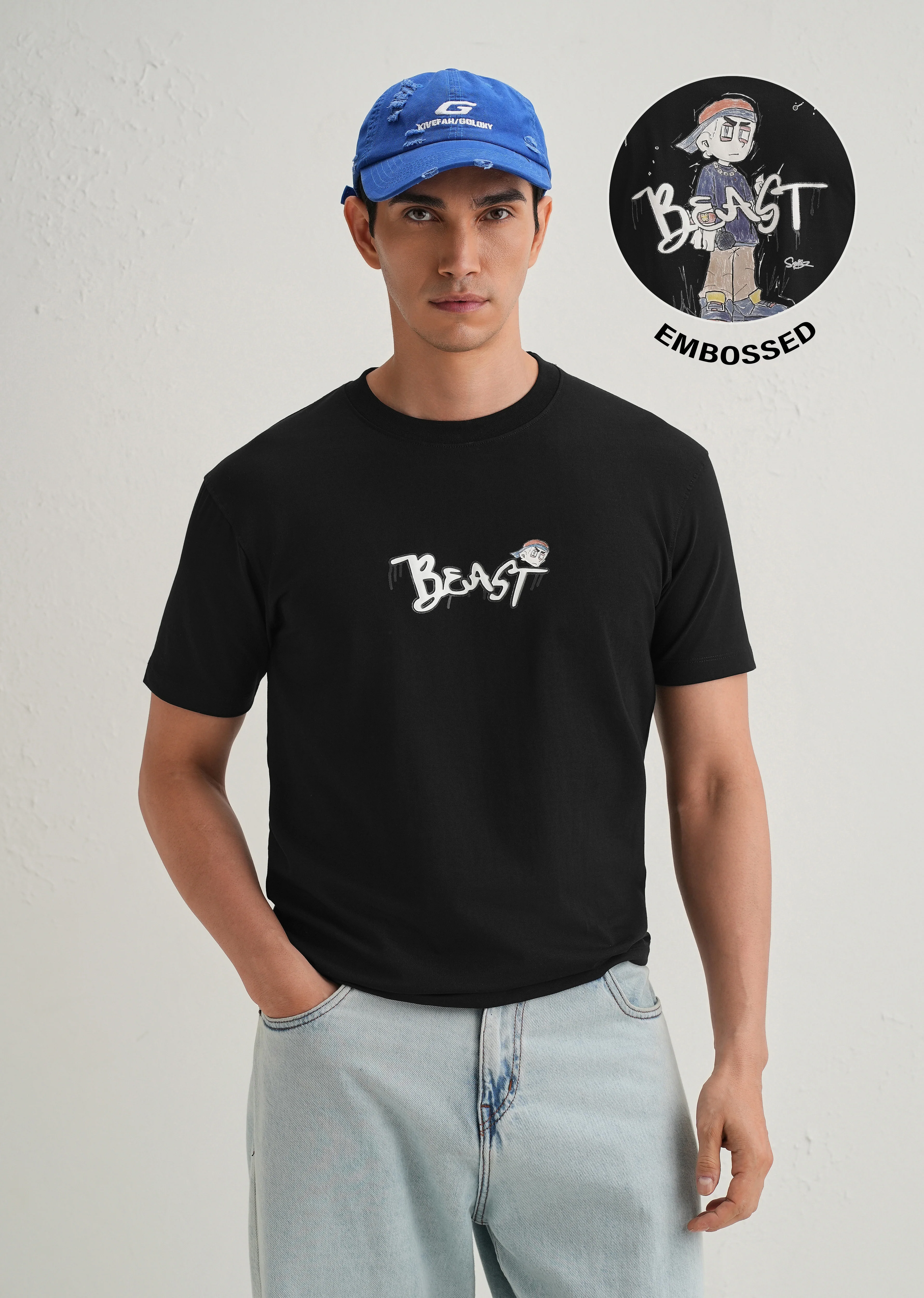 Black Textured Embossed Print T-Shirt