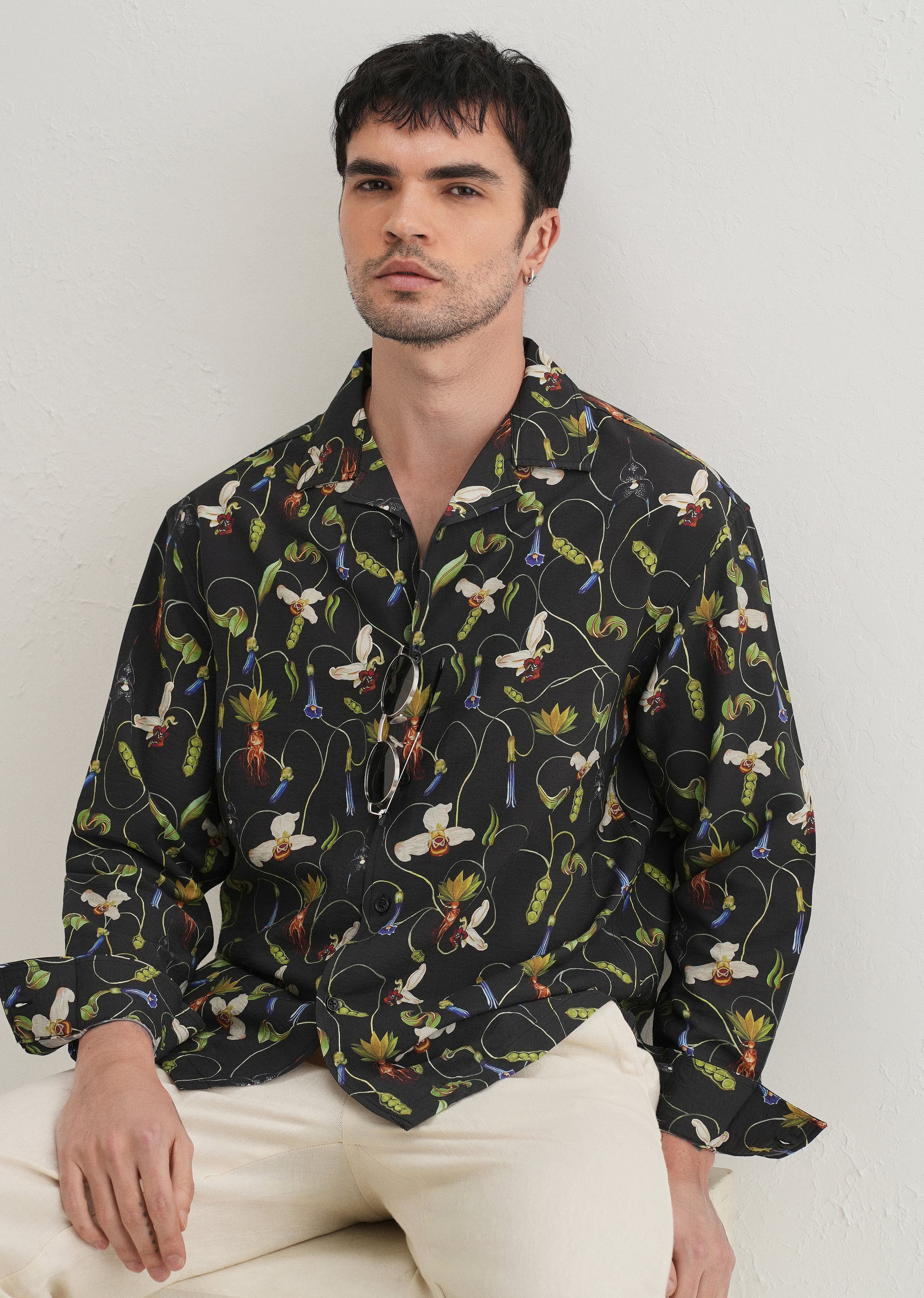 Black Vintage Orchid Printed Shirt