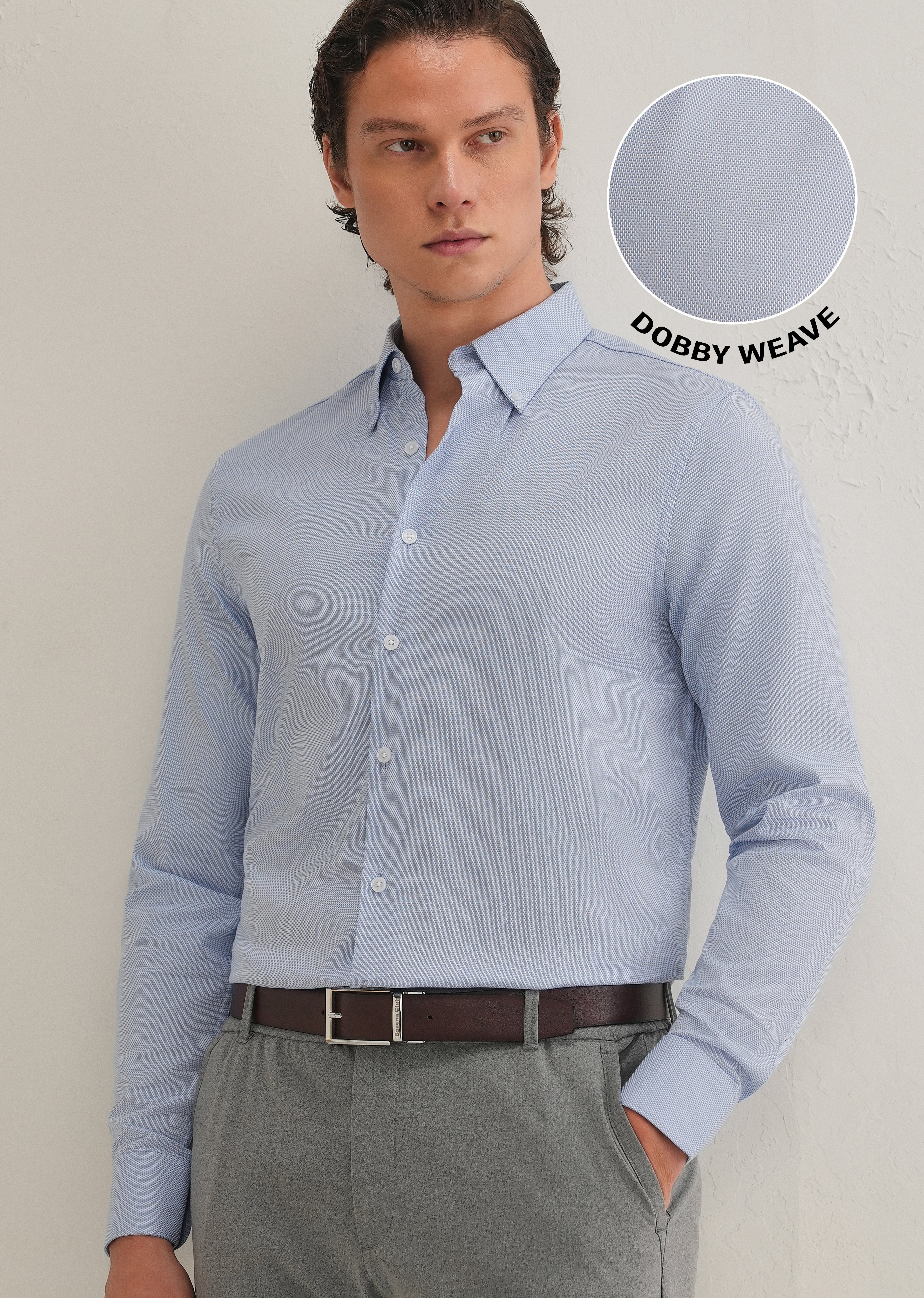 Blue Basket Weave Dobby Cotton Shirt