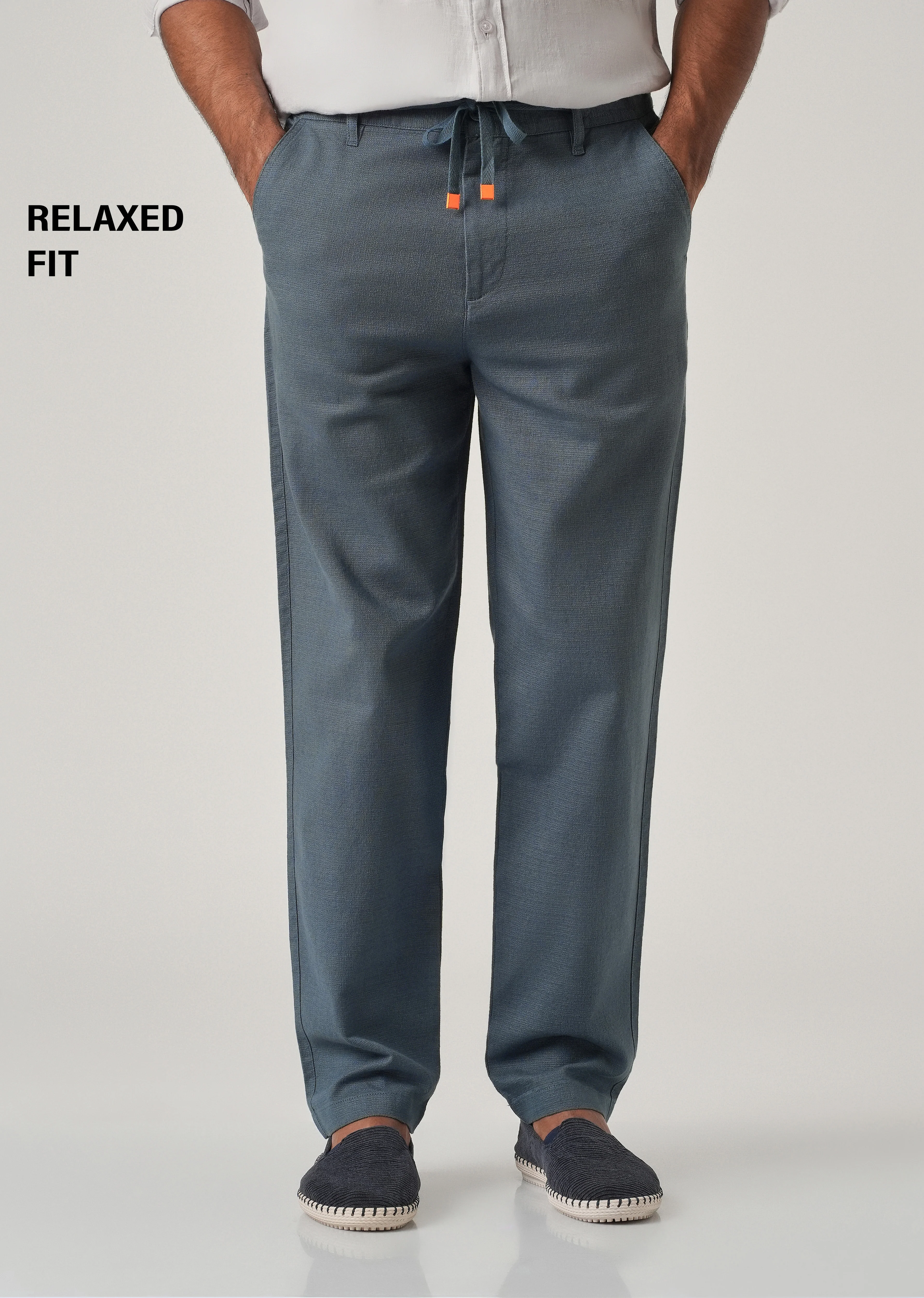 Blue Linen-Look Cotton Trousers