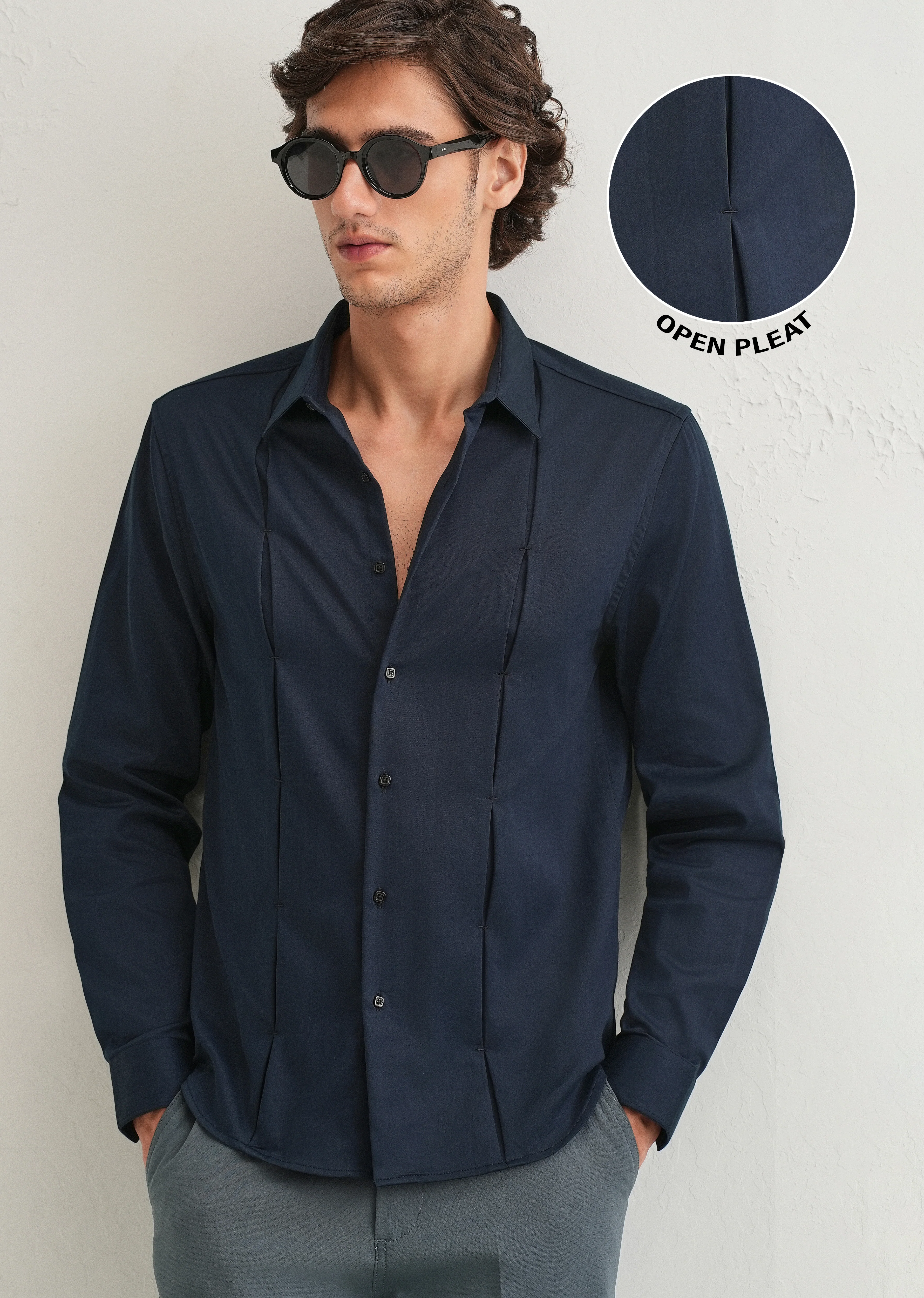 Blue Front Panel Open Pleat Shirt