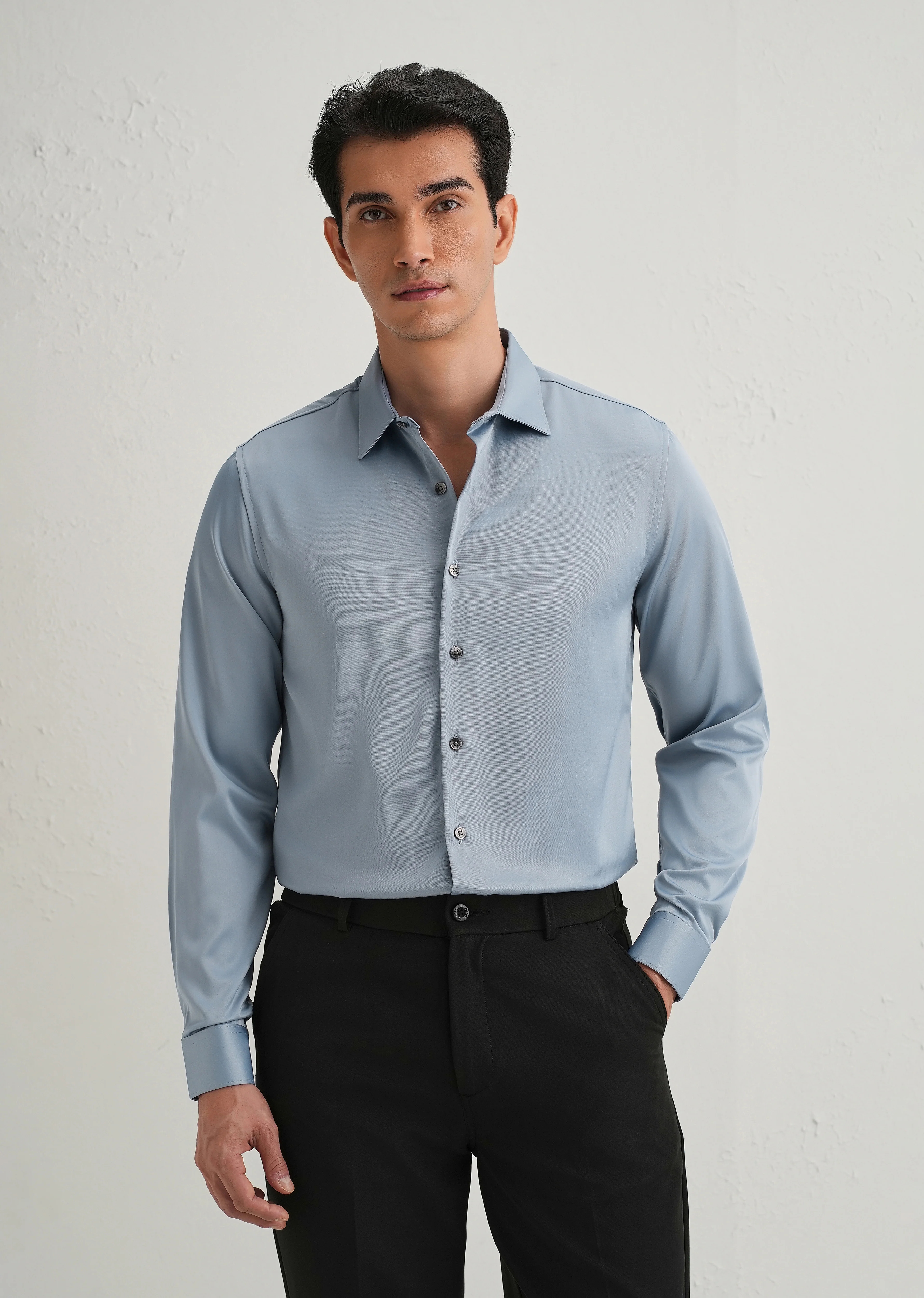 Blue Premium Satin-Finish Plain Shirt