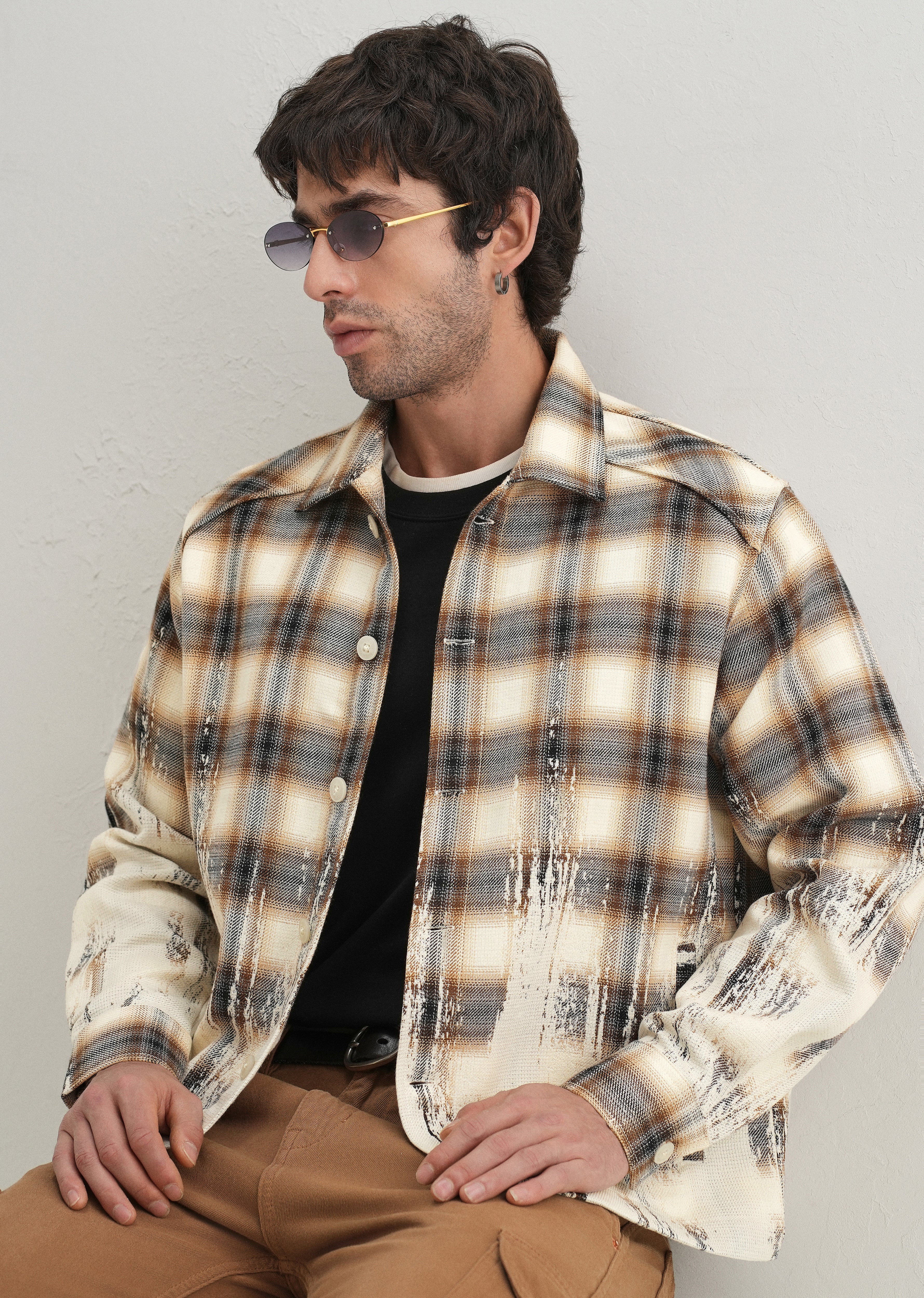 Brown Gradient Grunge Check Shacket