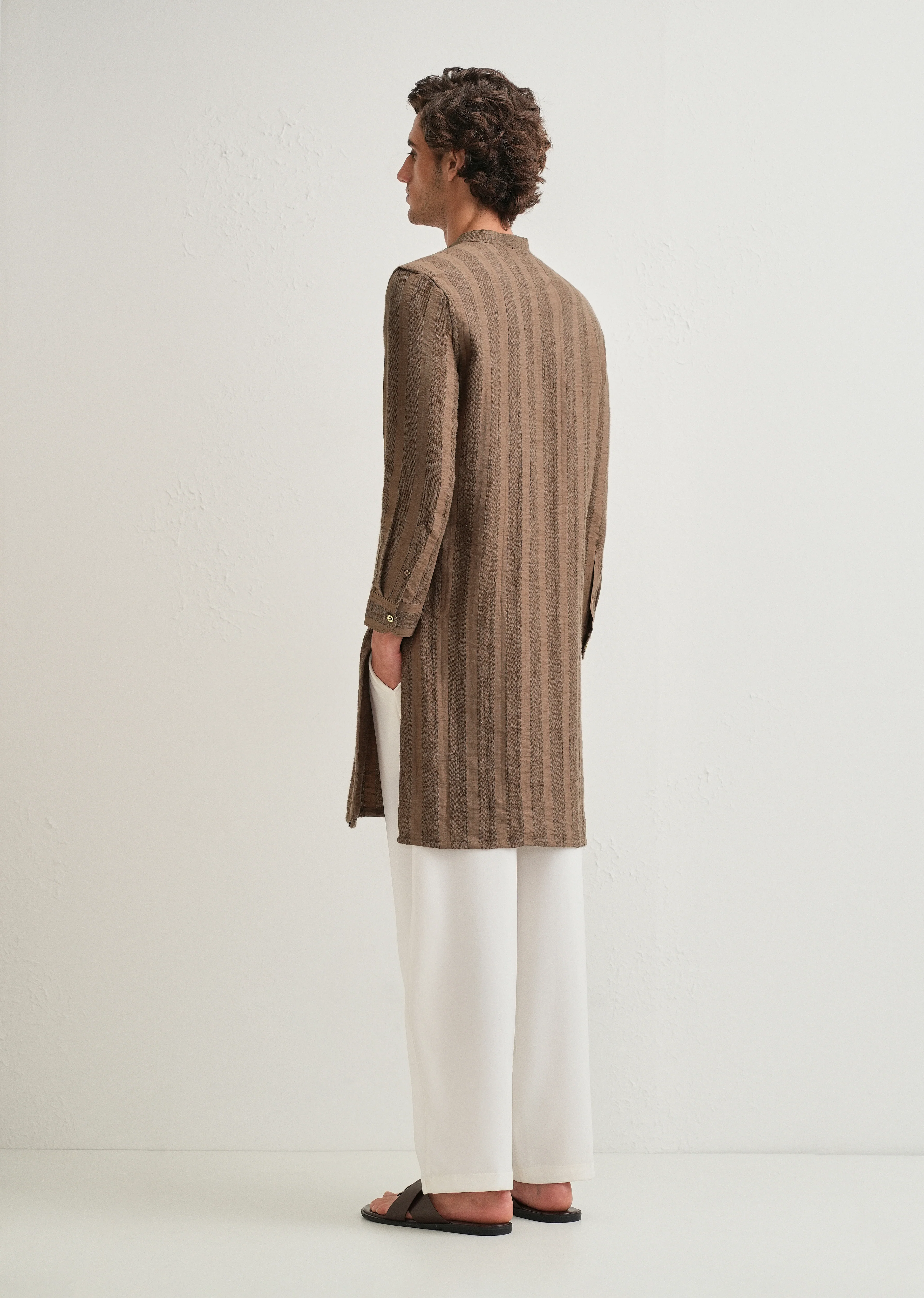 Brown Textured Vertical Stripe Kurta - Image 3