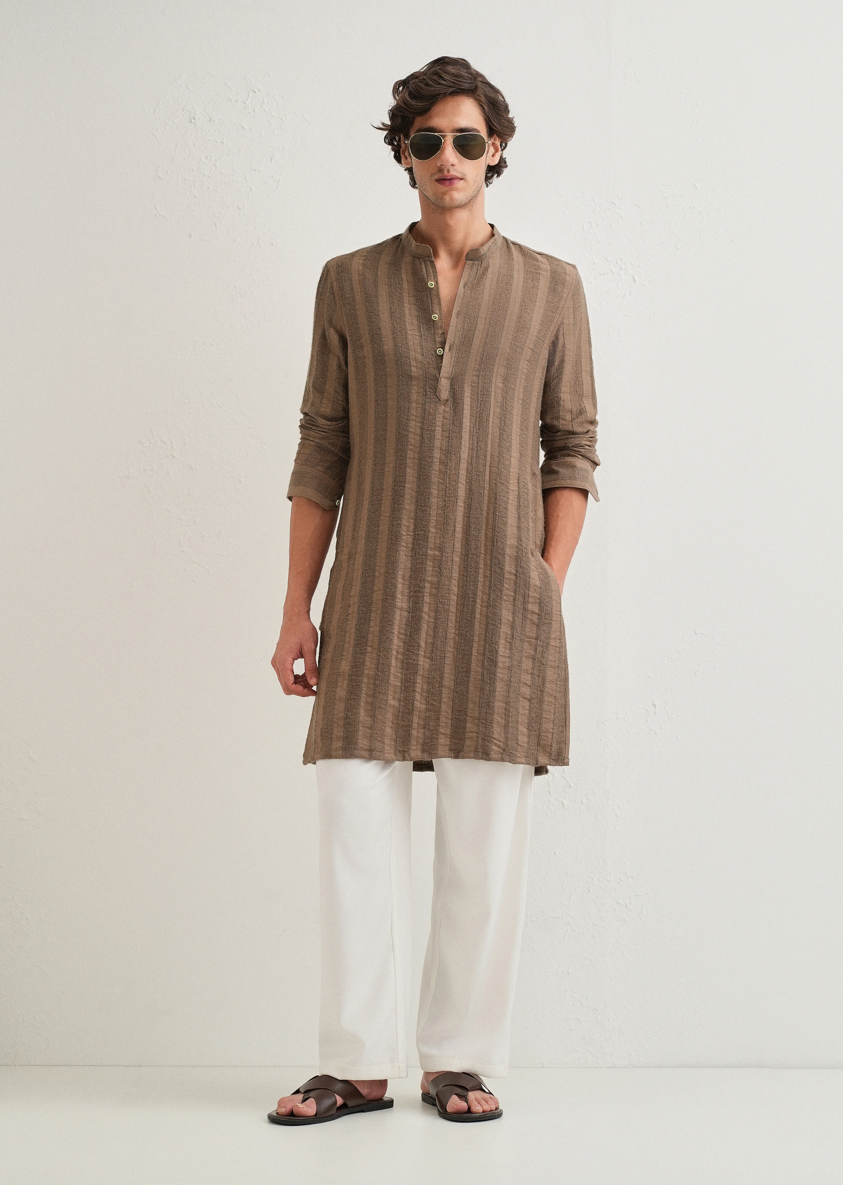 Brown Textured Vertical Stripe Kurta - Image 4