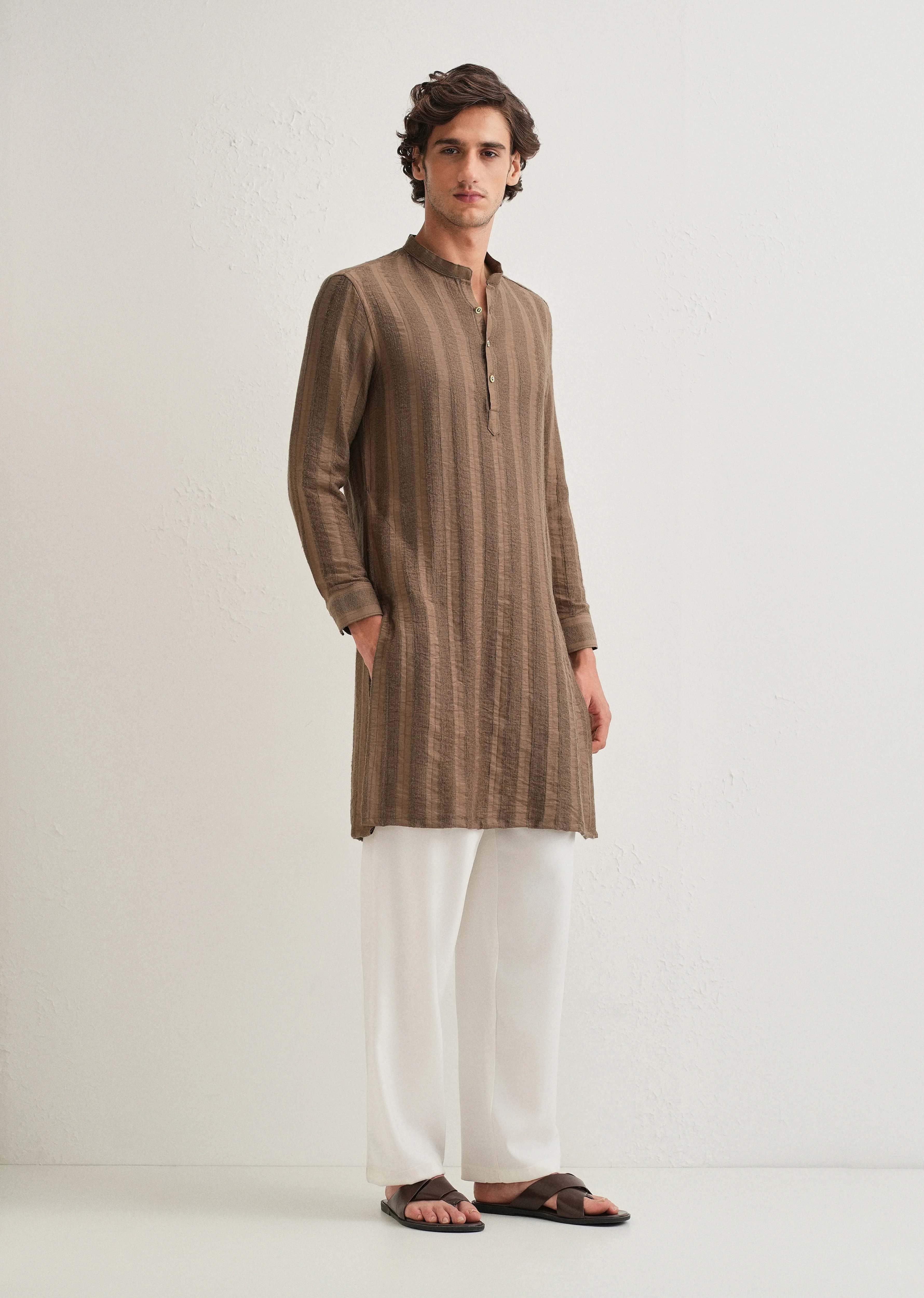 Brown Textured Vertical Stripe Kurta - Image 5