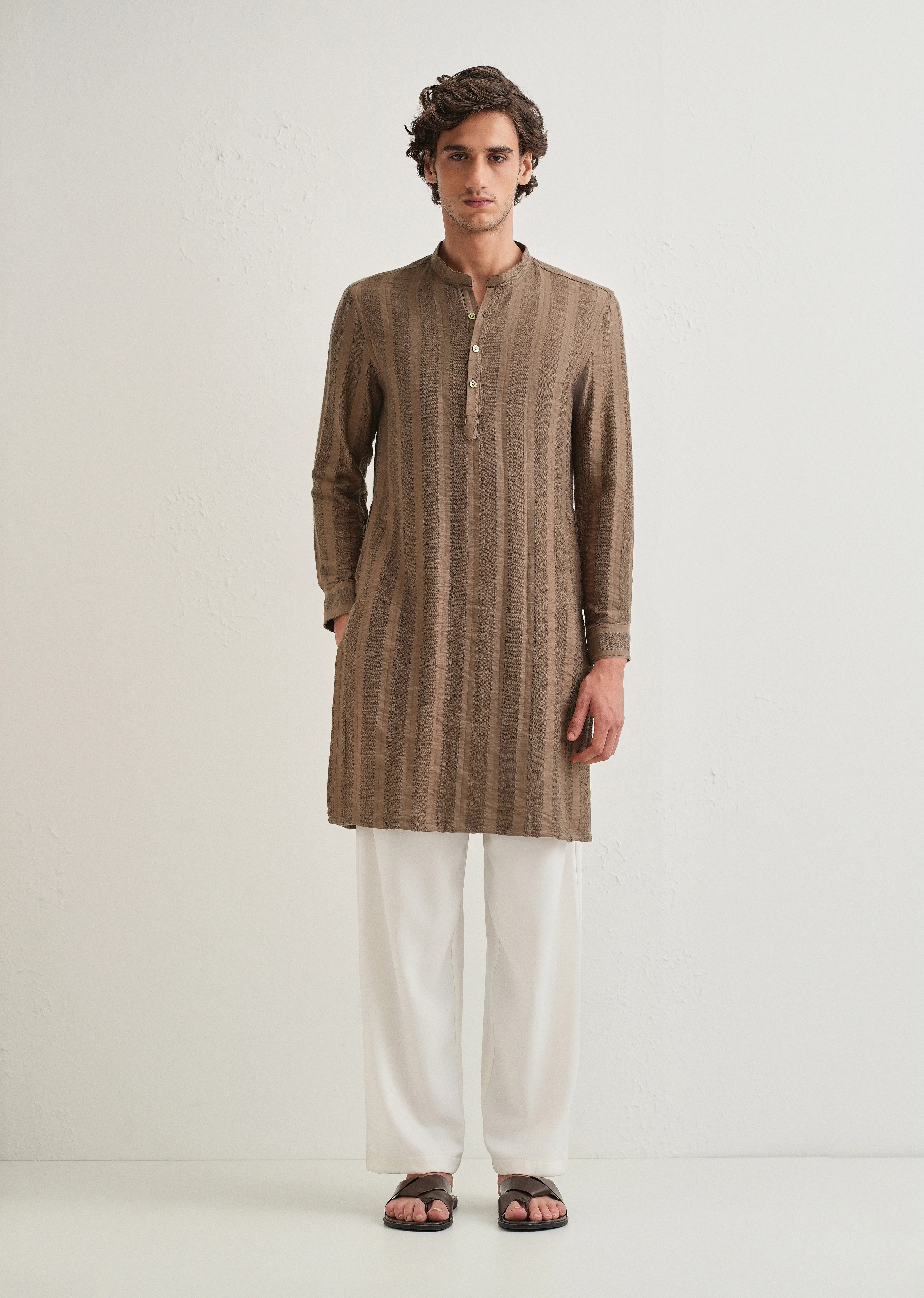 Brown Textured Vertical Stripe Kurta - Image 7