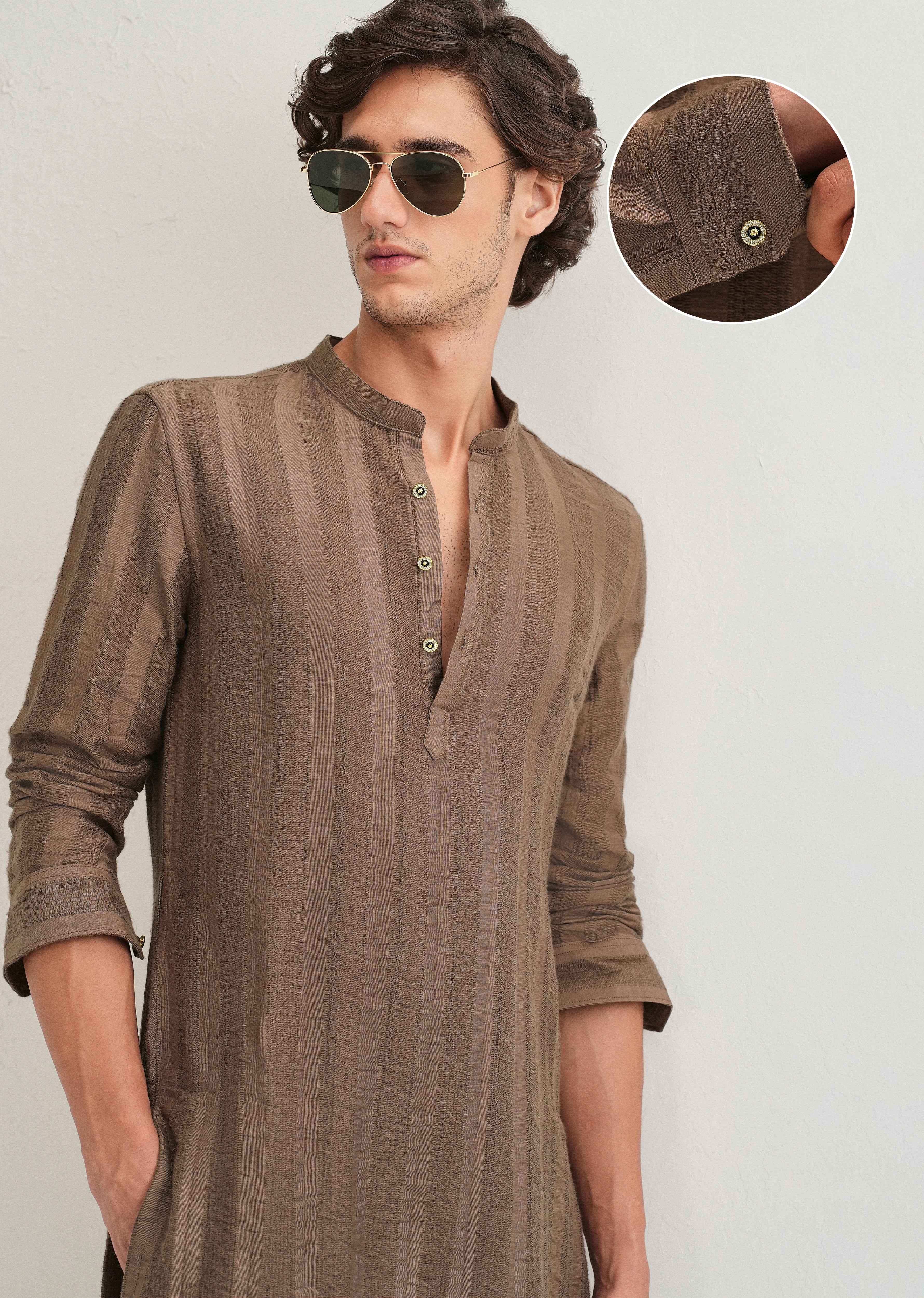 Brown Textured Vertical Stripe Kurta - Image 8