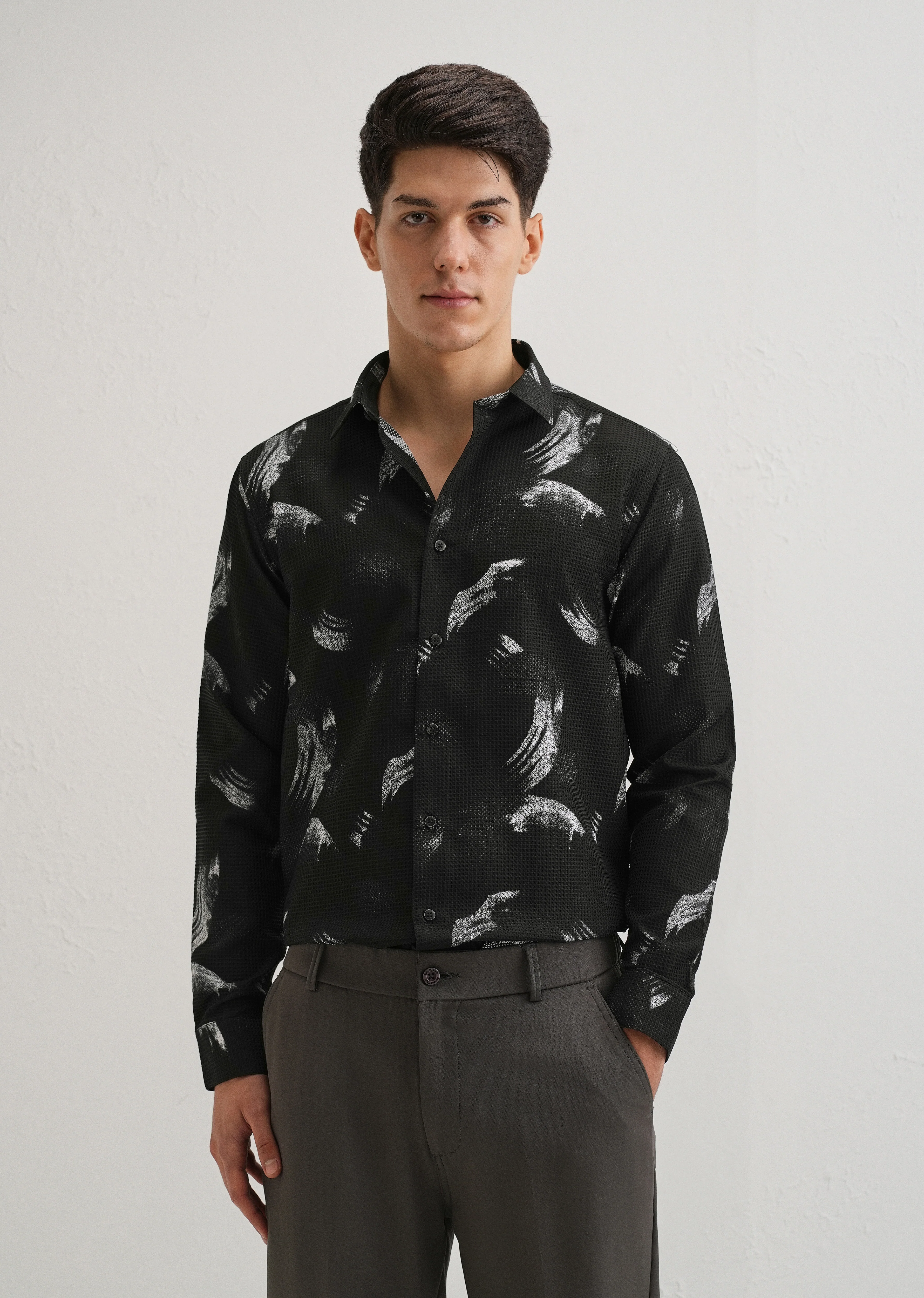 Brush Stroke Waffle Dobby Black Shirt