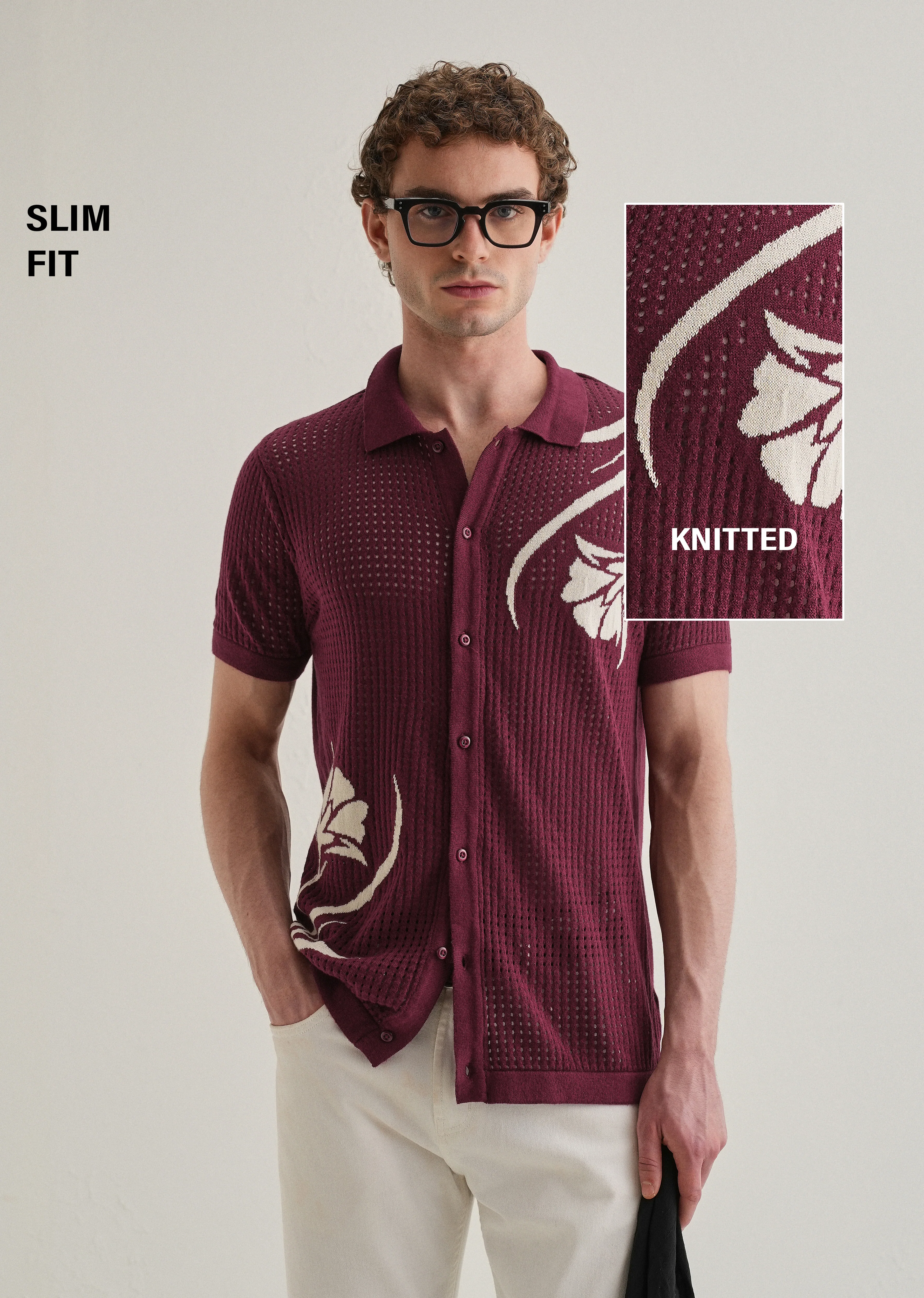 Burgundy Floral Open Knit Shirt