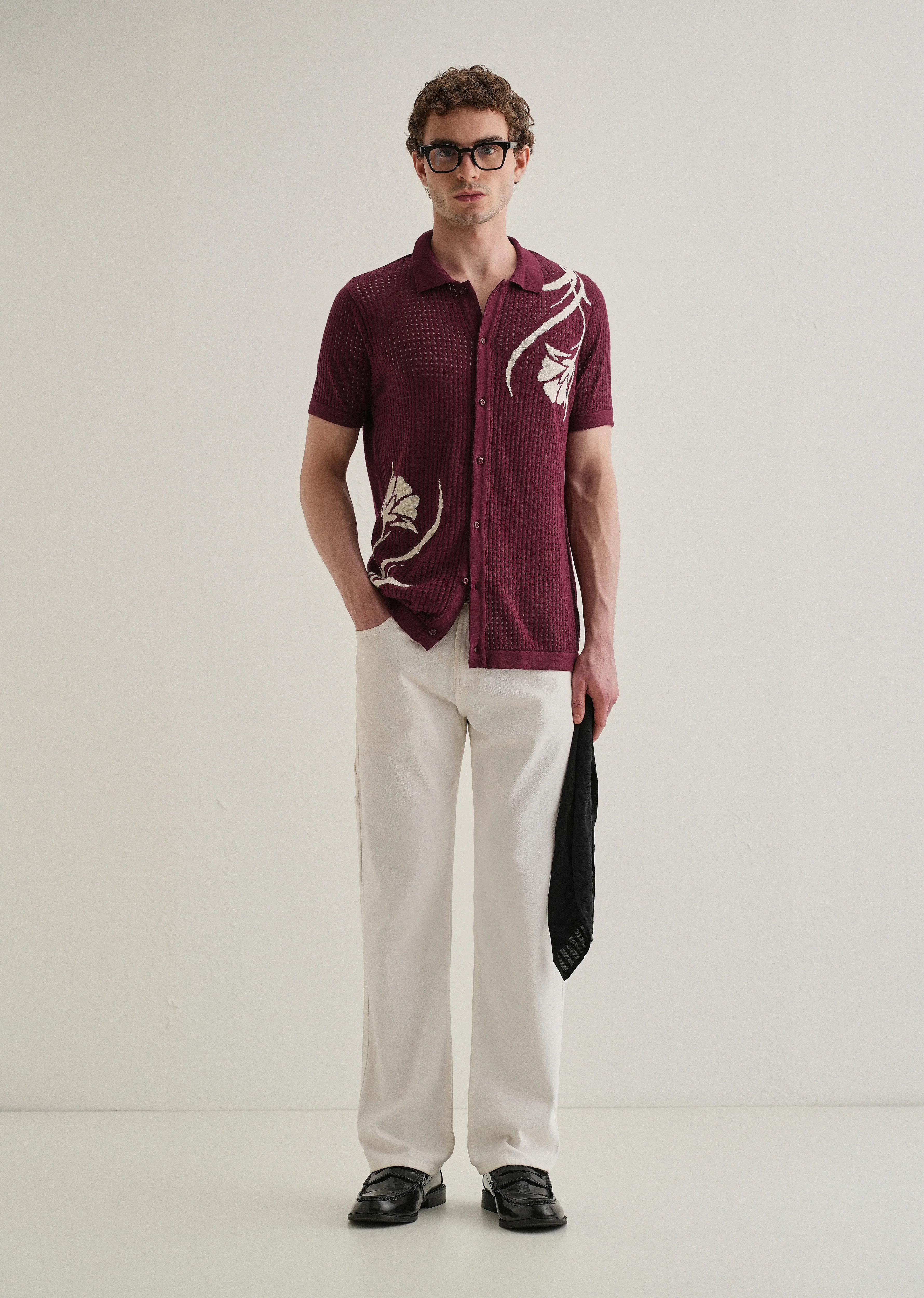 Burgundy Floral Open Knit Shirt - Image 6