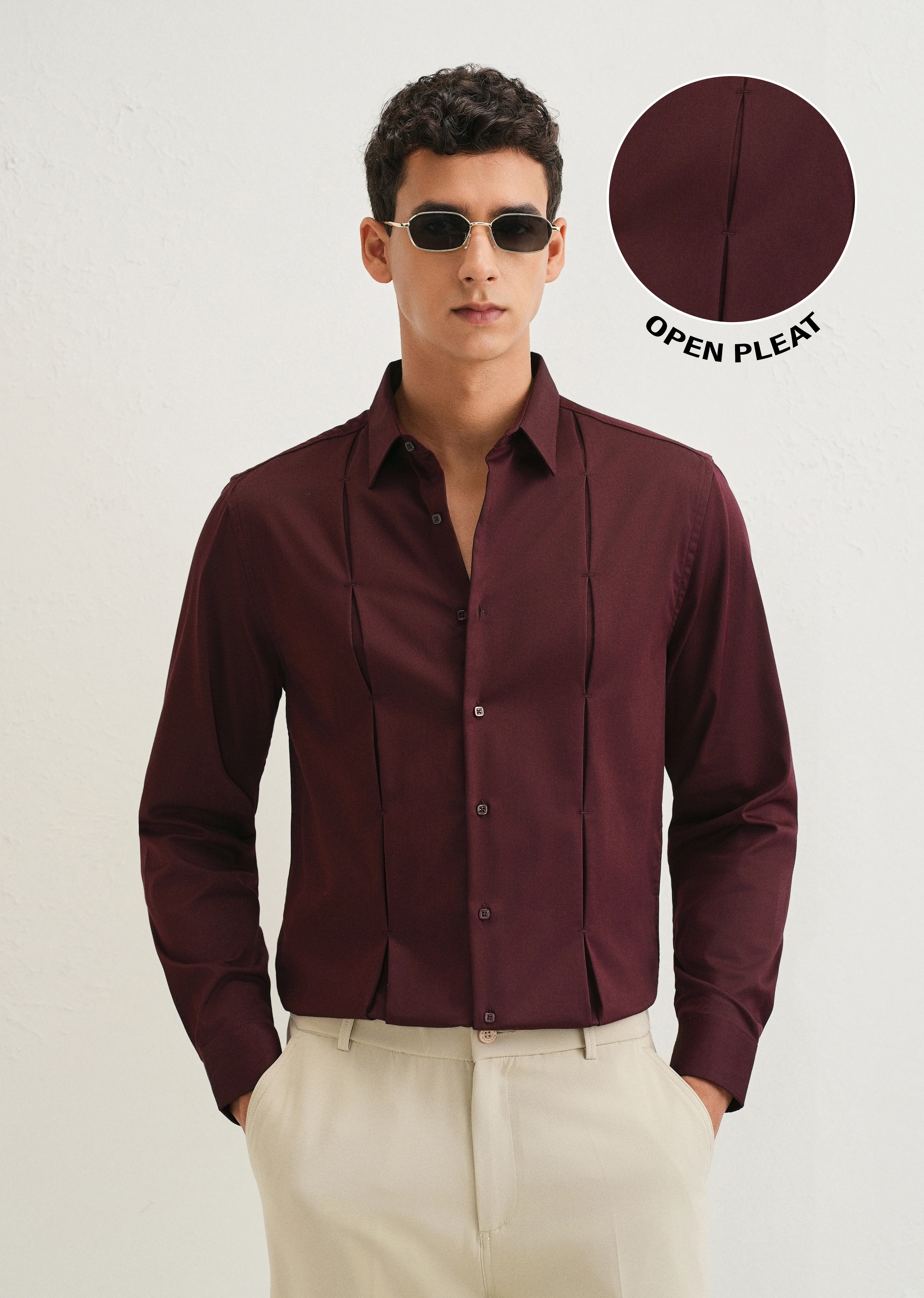Burgundy Front Panel Open Pleat Shirt