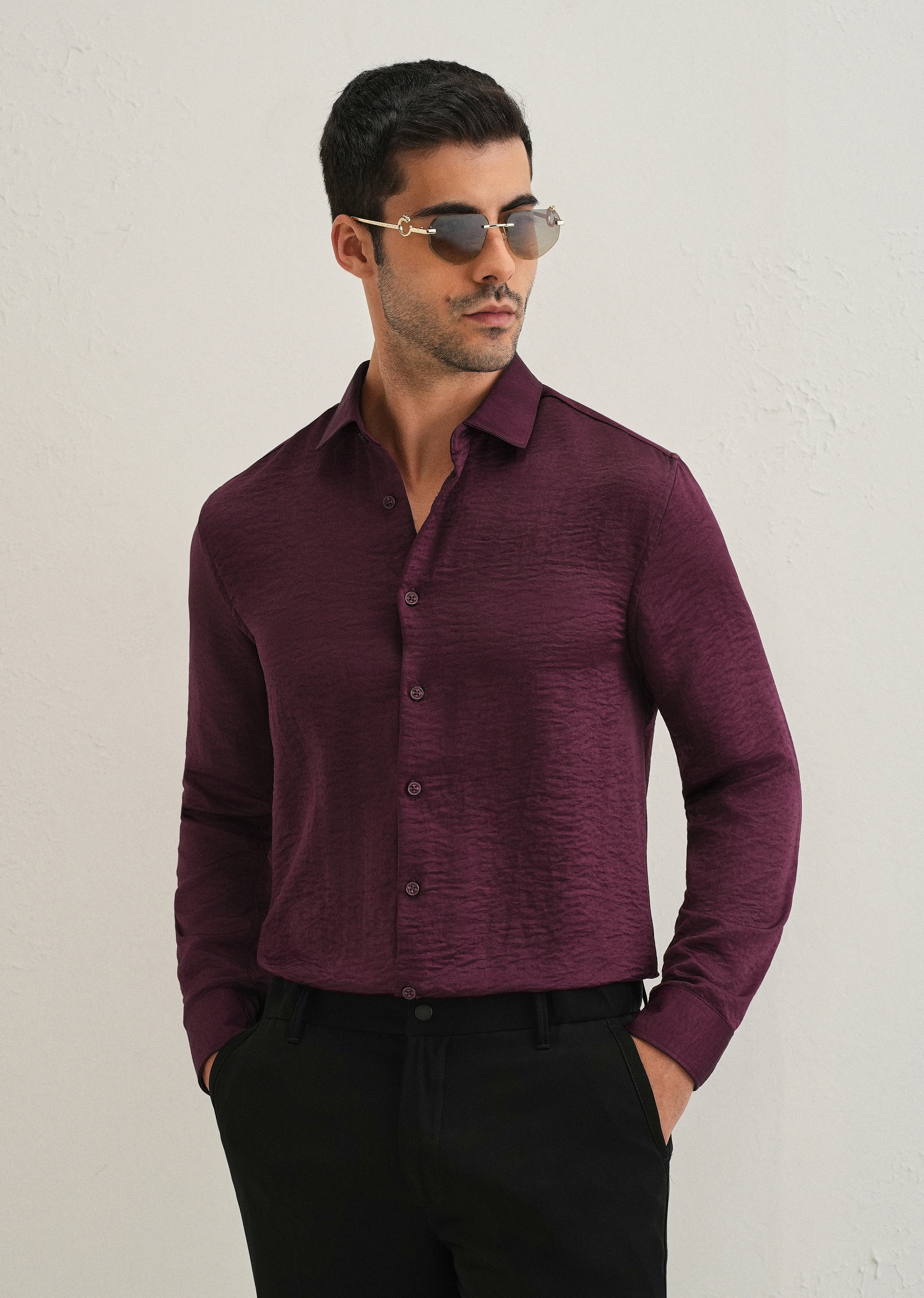Burgundy Red Plain Crushed Satin Shirt