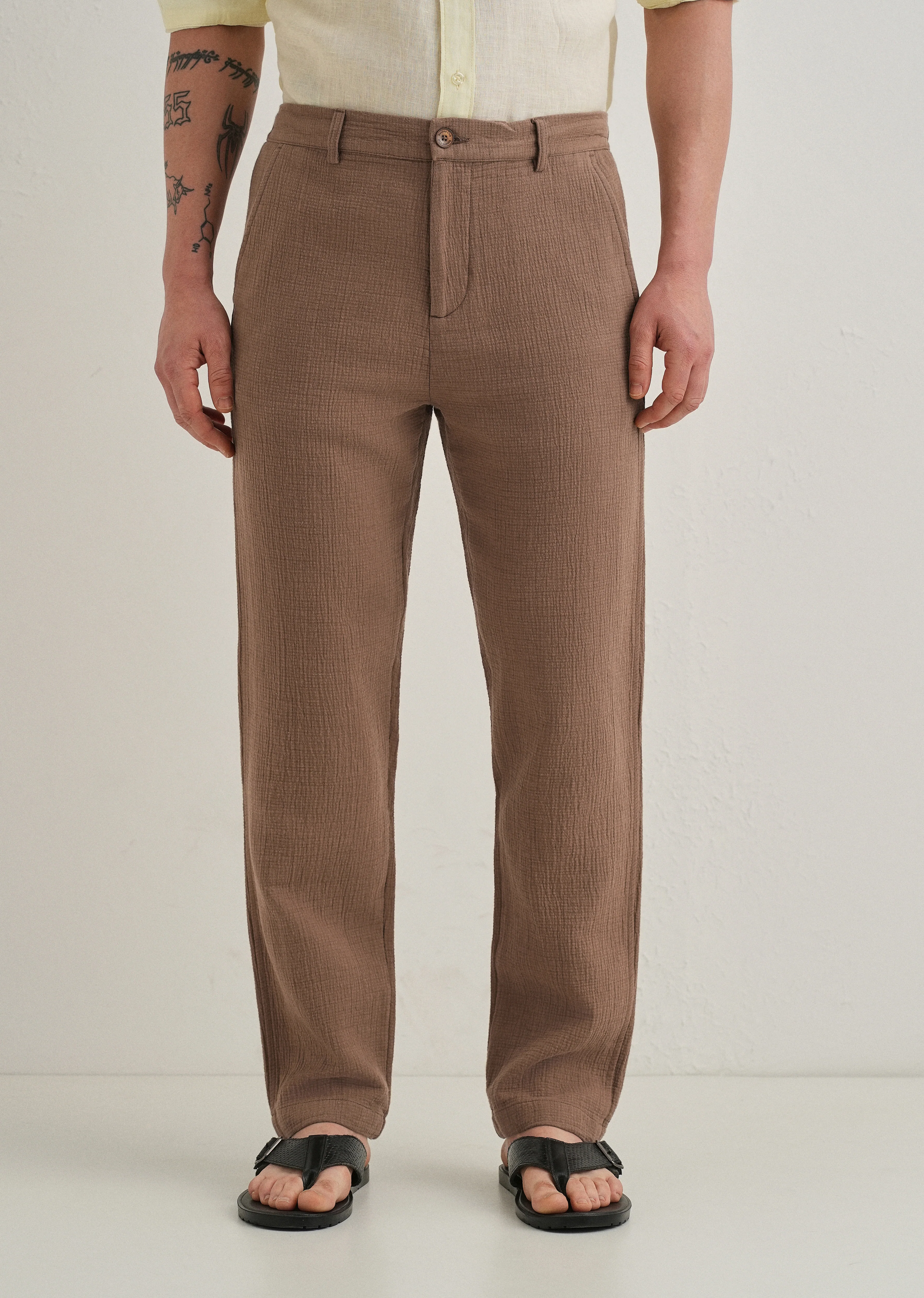 Coffee Brown Crinkled Cotton Trouser - Image 4
