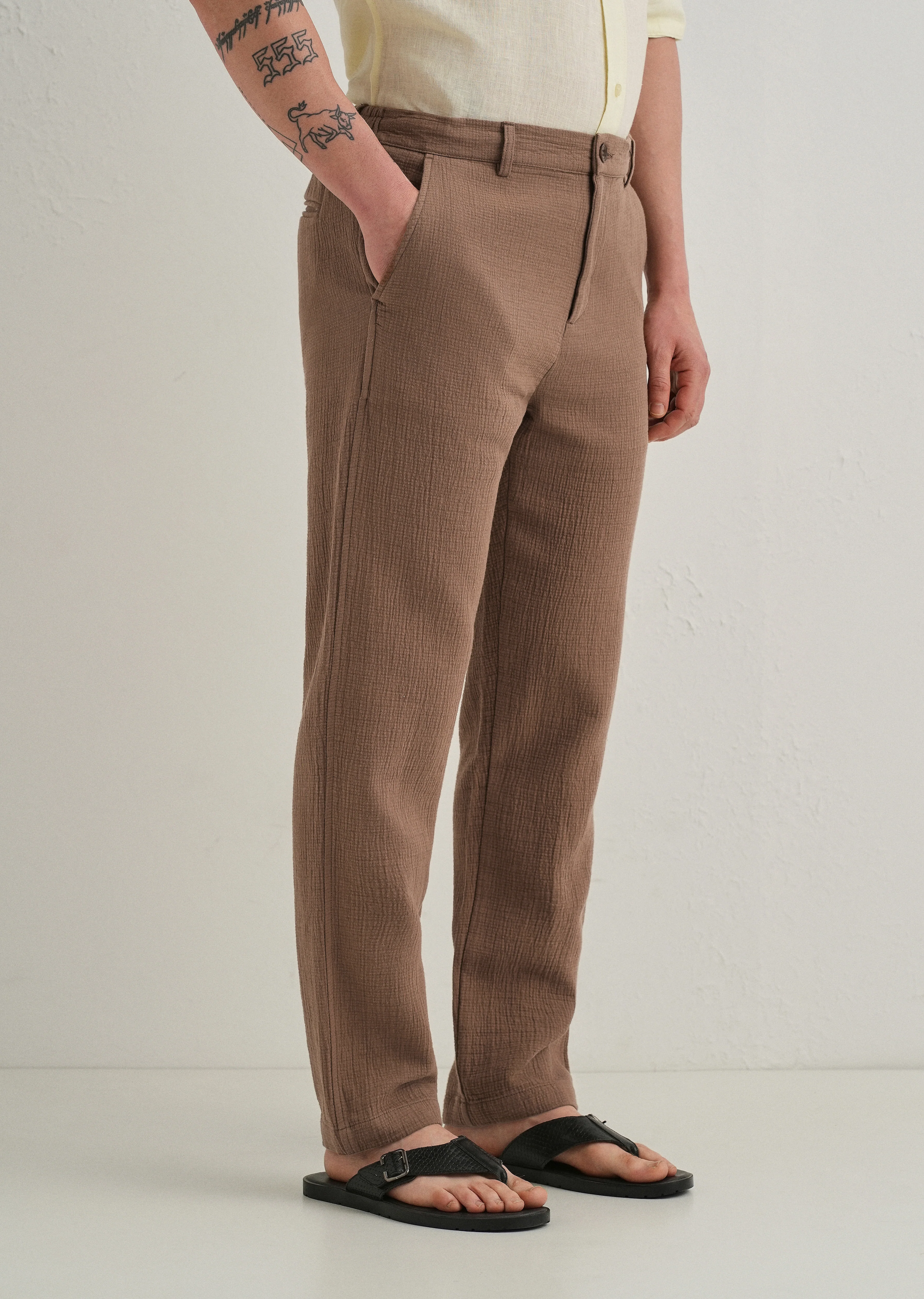 Coffee Brown Crinkled Cotton Trouser - Image 6