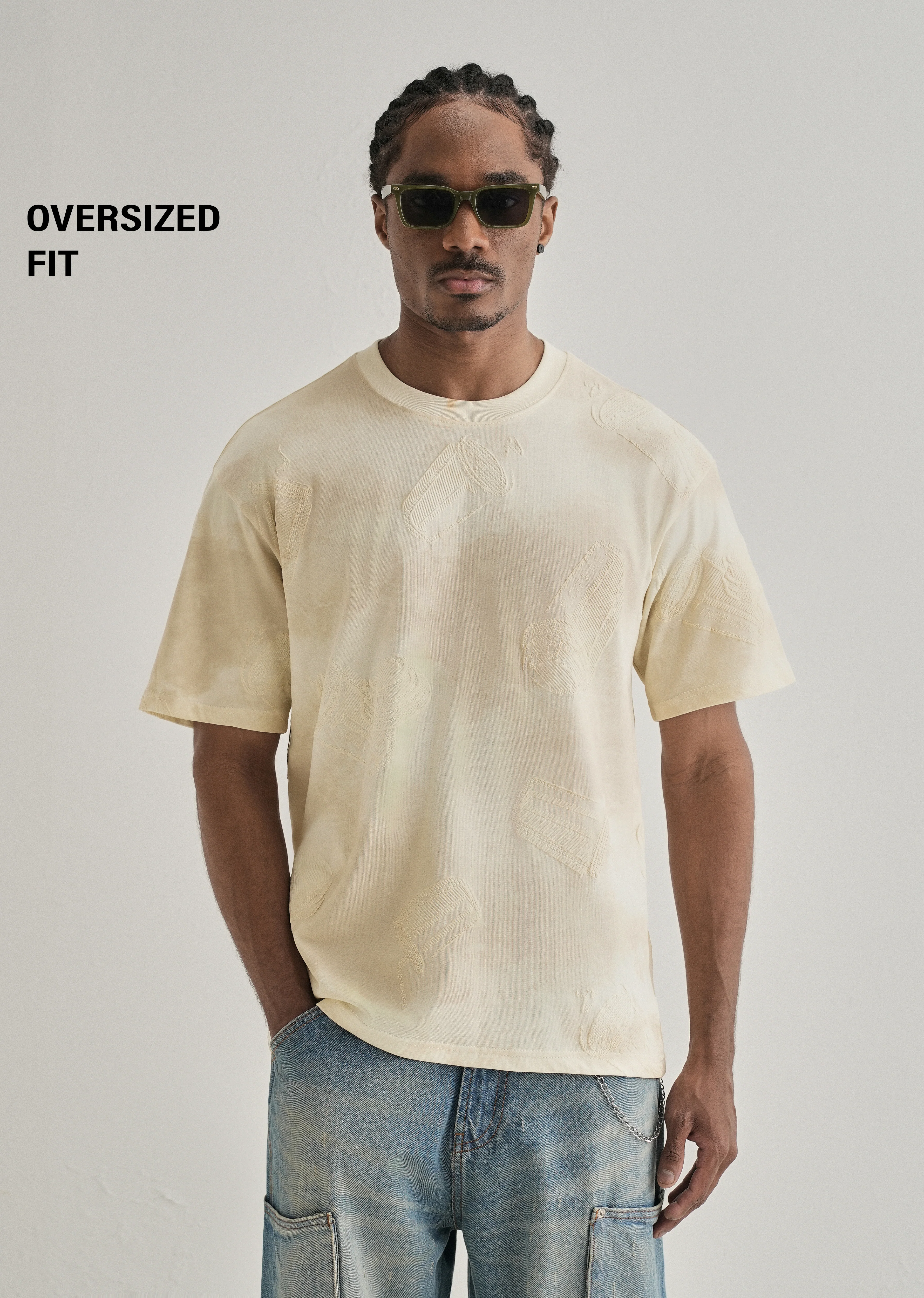 Cream Beige Printed Oversized T-shirt
