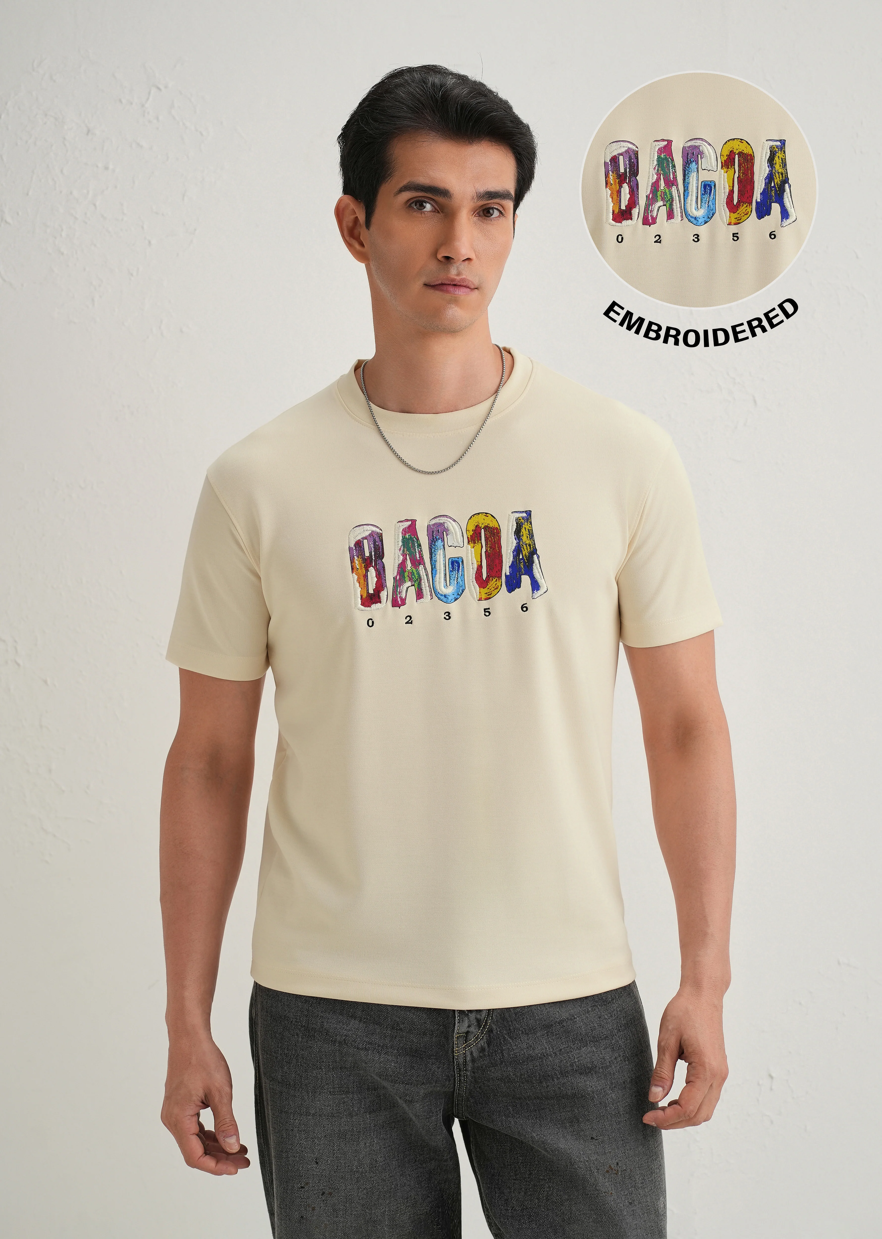 Cream Embroidered Graphic Print T-Shirt