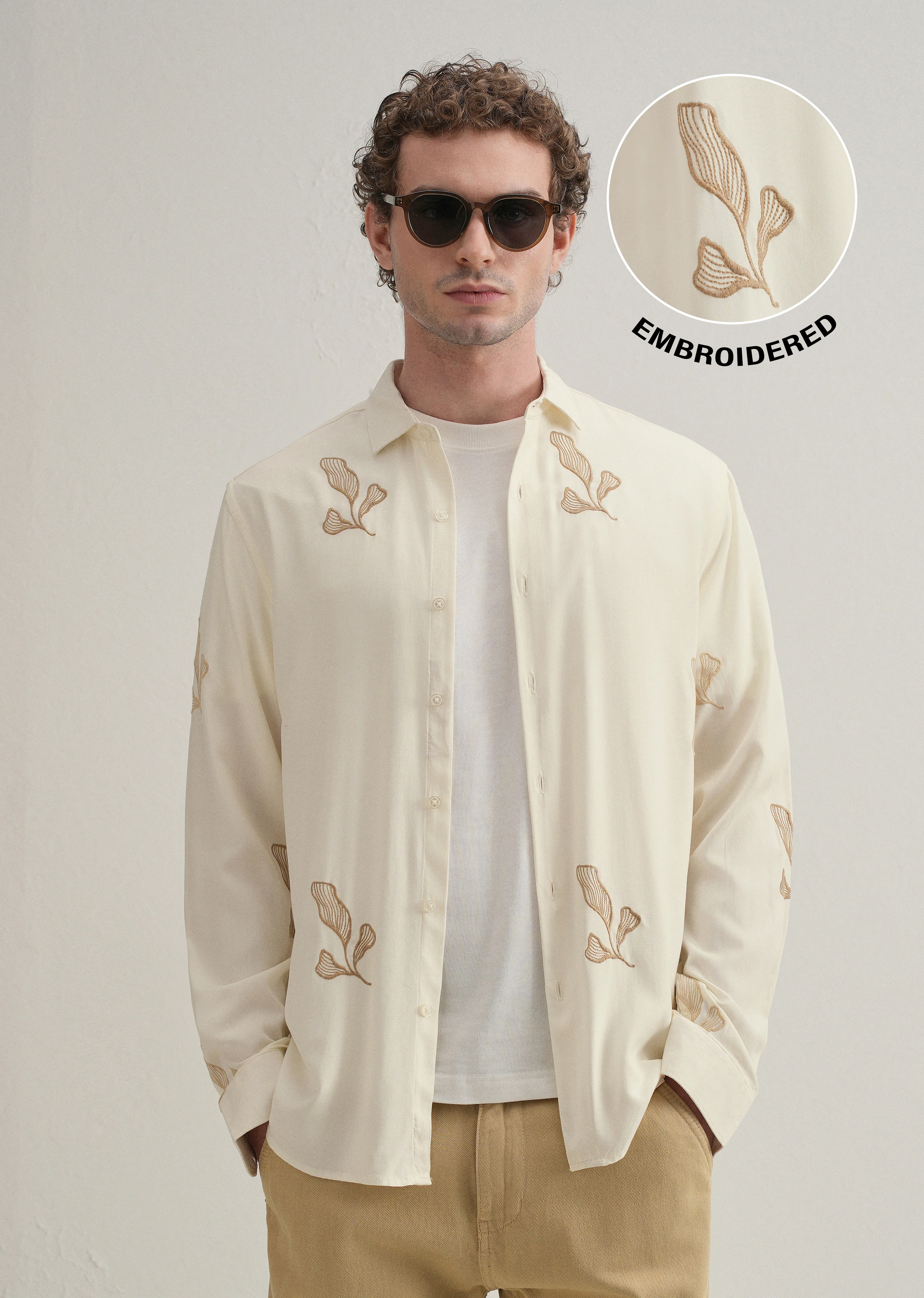 Cream Leaf Motif Embroidery Shirt