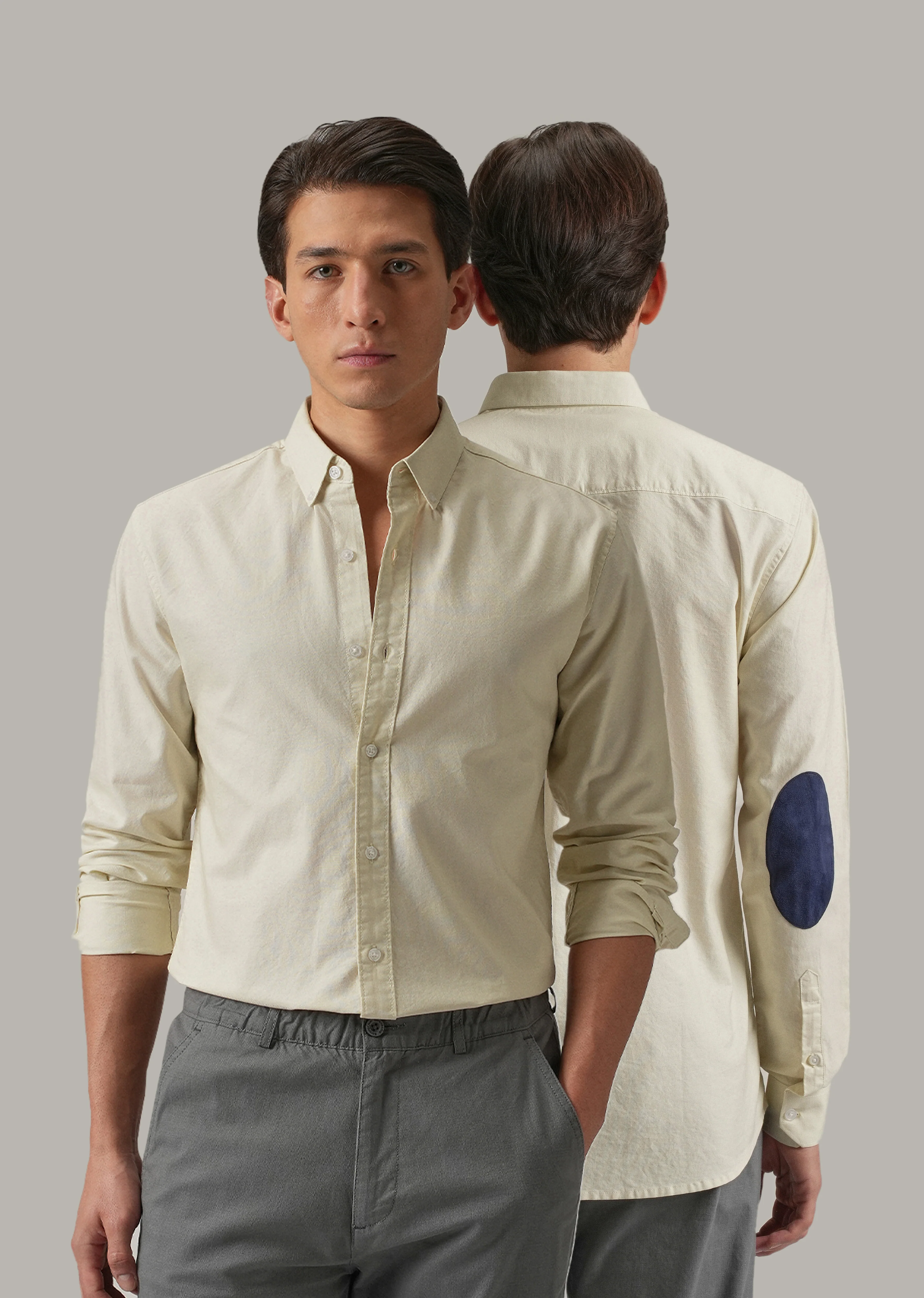 Cream Plain Elbow Patch Oxford Shirt