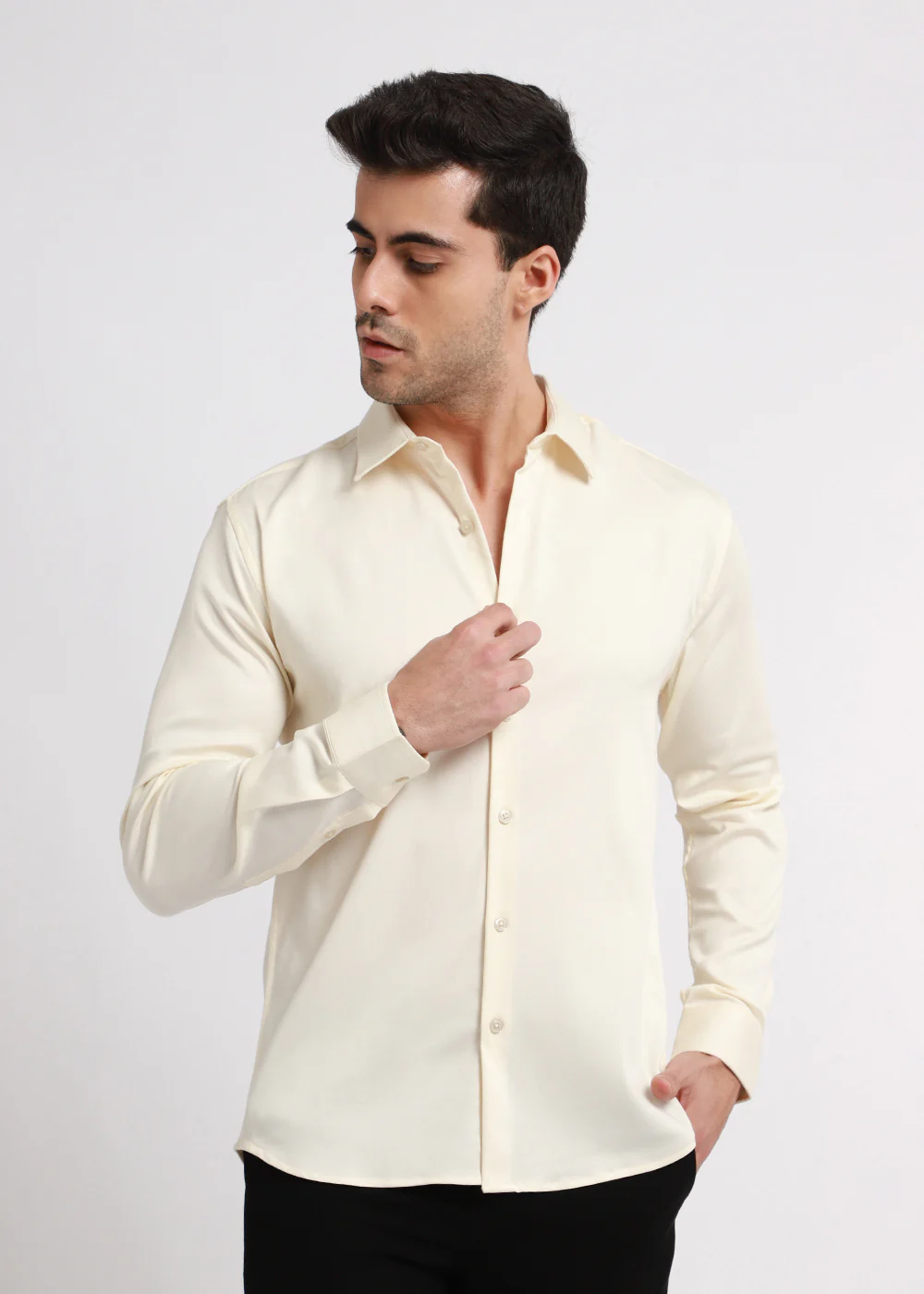 Cream Plain Satin Shirt - Image 3