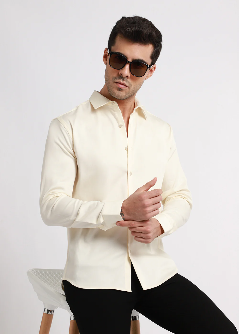 Cream Plain Satin Shirt - Image 8