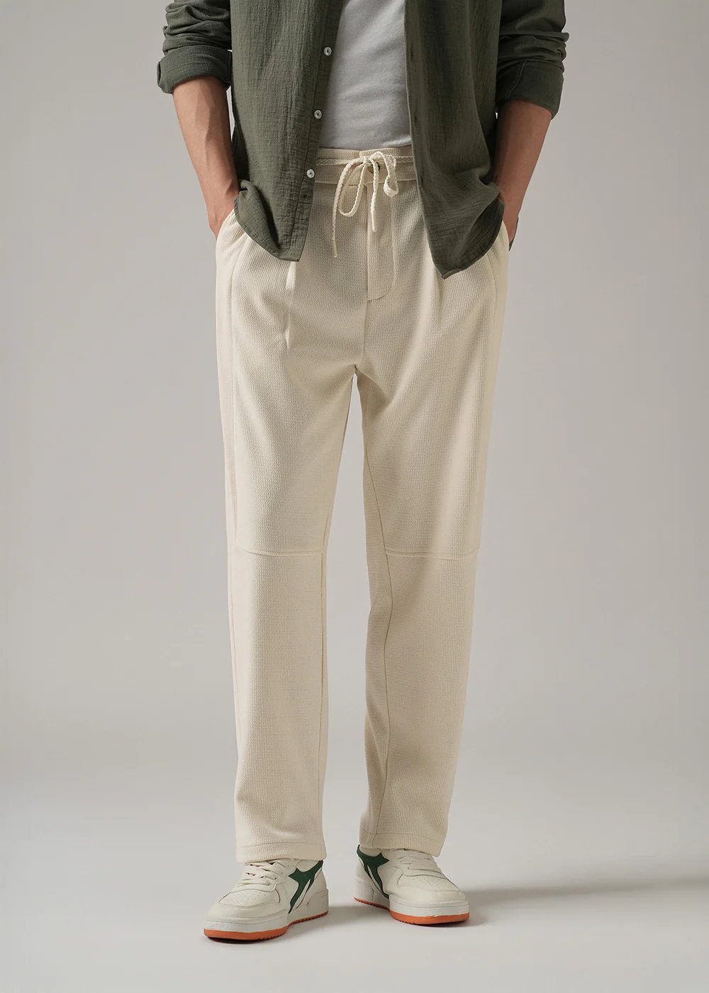 Cream Textured Suede Drawstring Pant