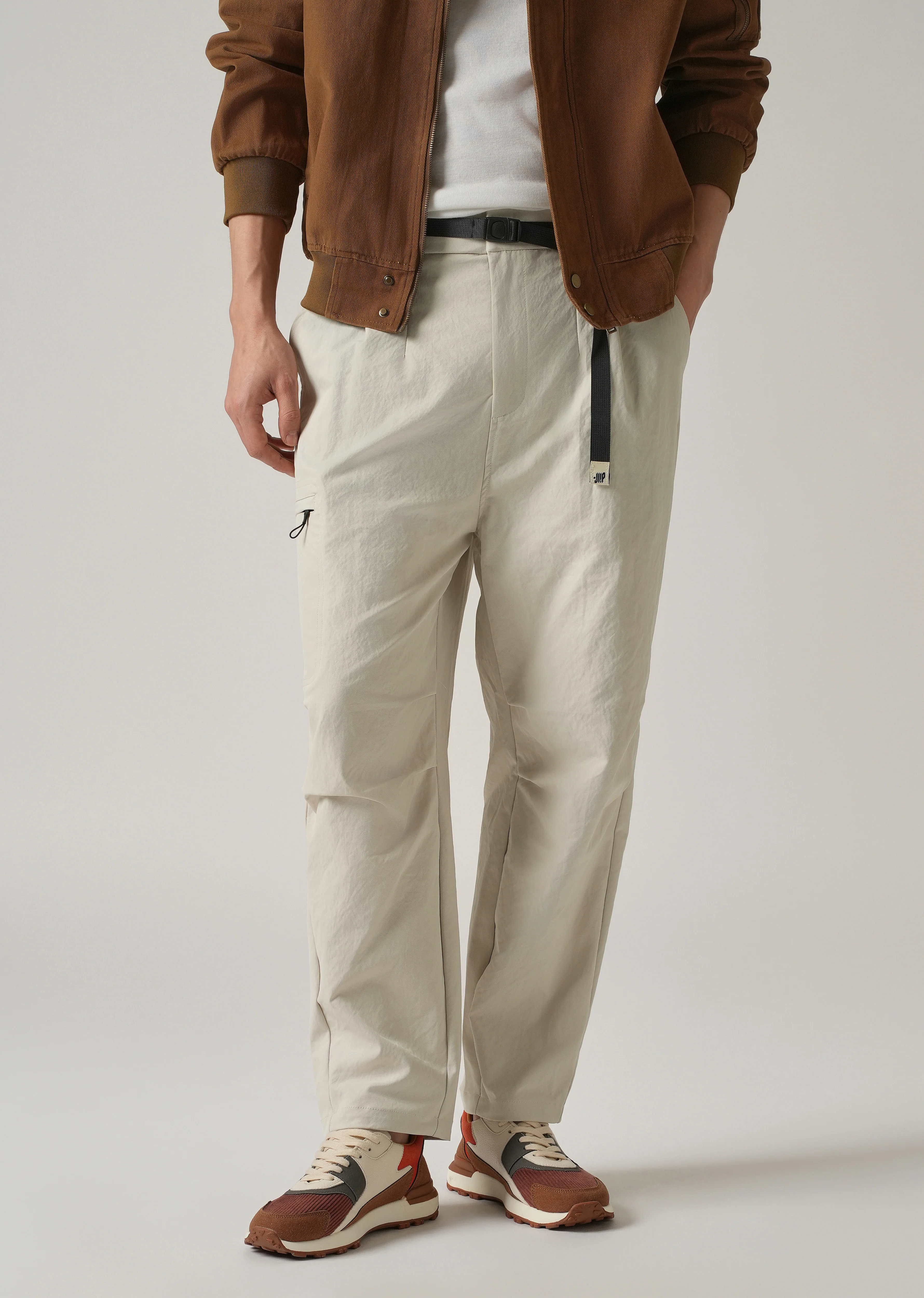 Cream Twill Belt Relaxed Fit Pant