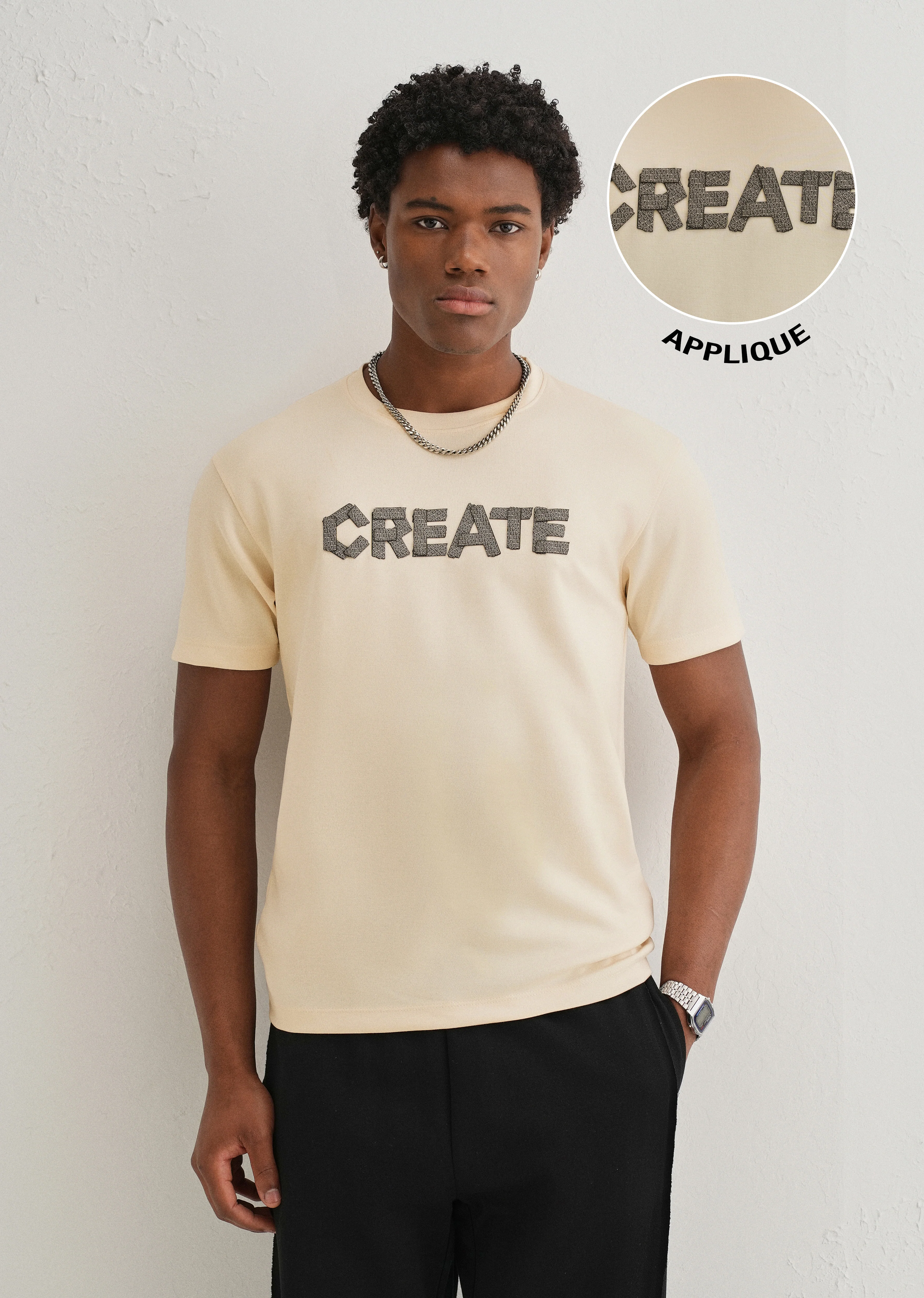 Cream Typography Applique T-shirt
