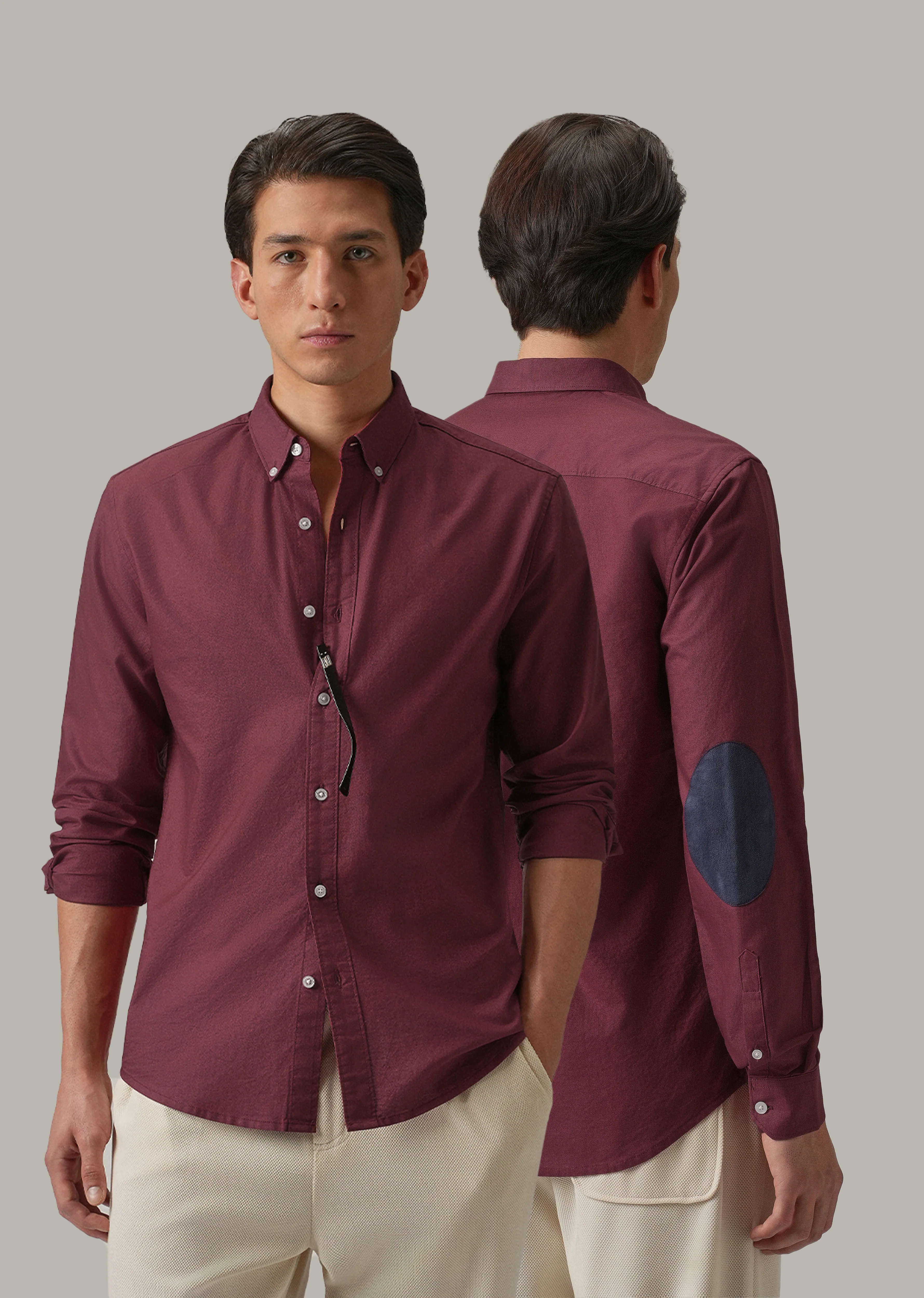 Crimson Red Plain Elbow Patch Oxford Shirt
