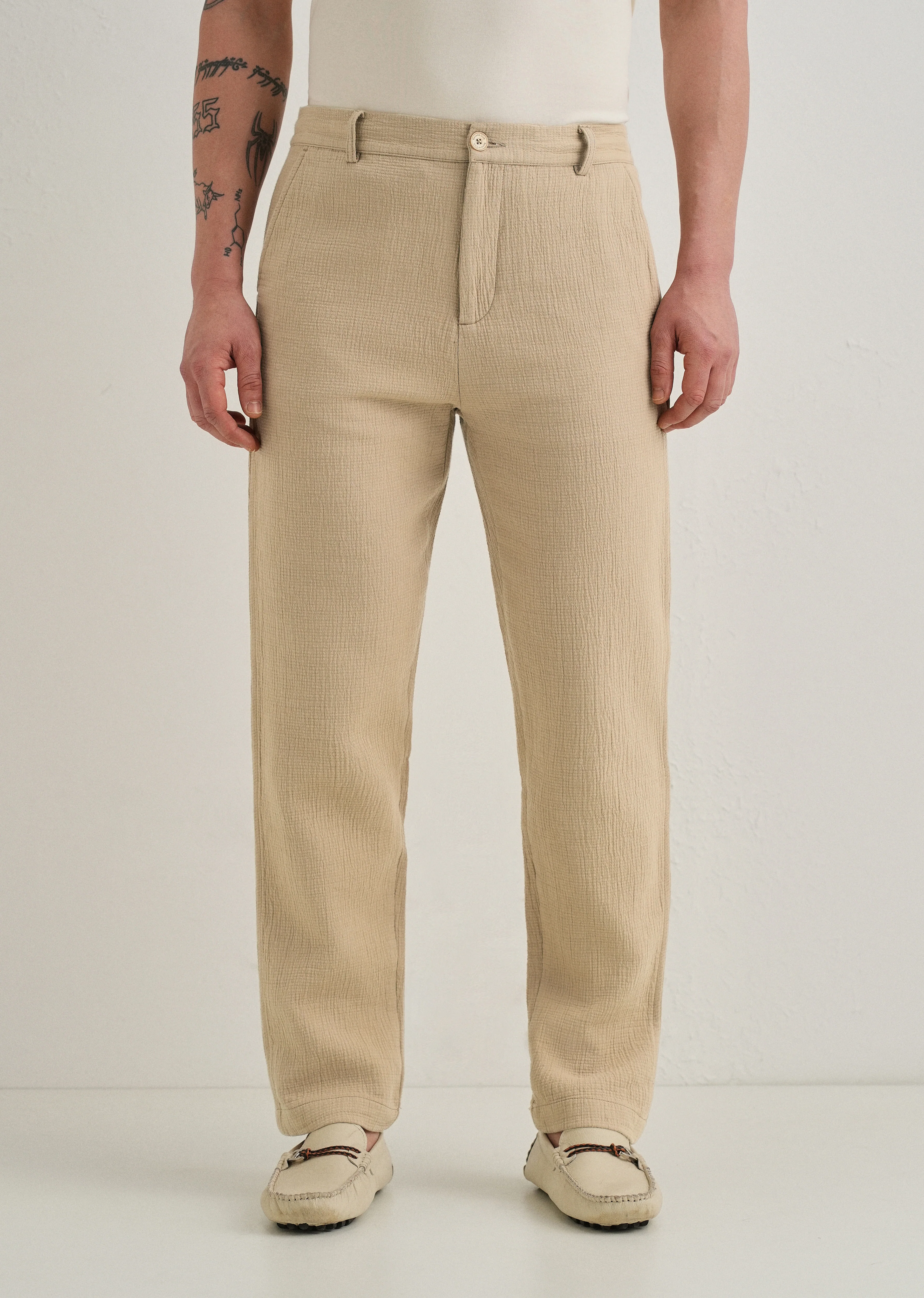 Dark Beige Crinkled Cotton Trouser - Image 4