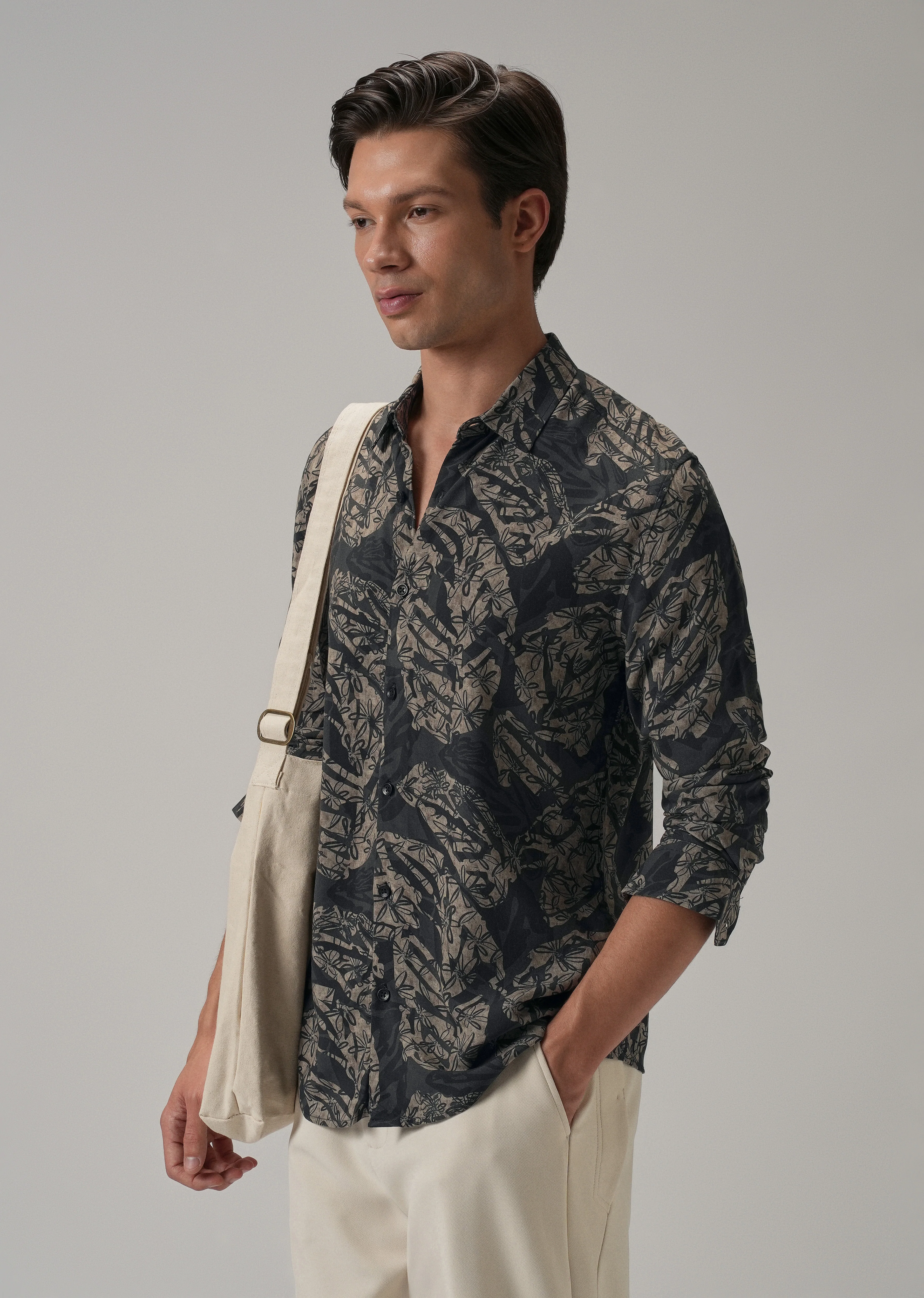 Dark Beige Floral Printed Shirt