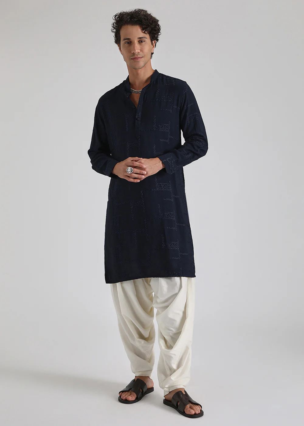 Dark Blue Self Thread Embroidered Kurta - Image 3