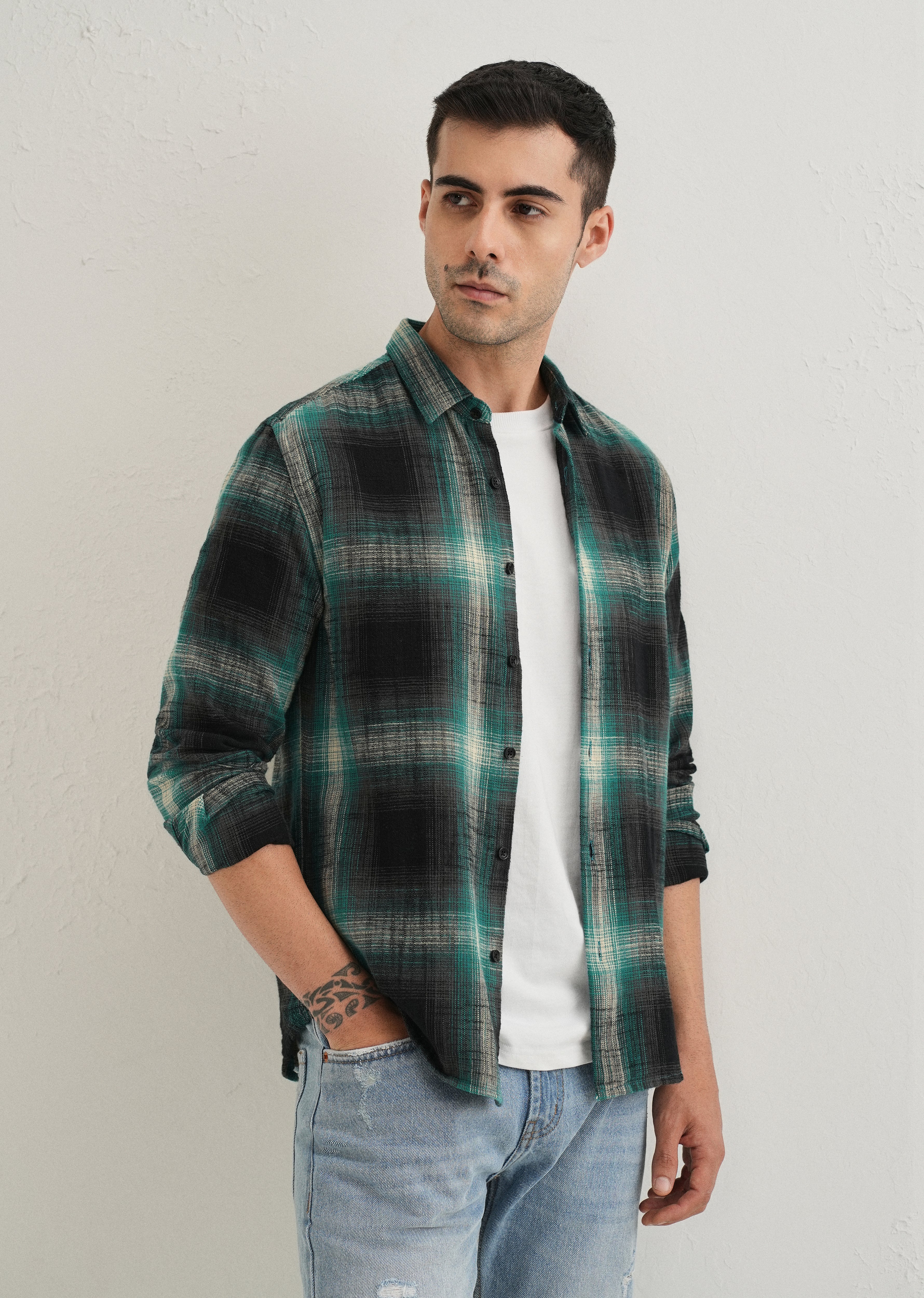 Dark Green Cotton Linen Check Shirt